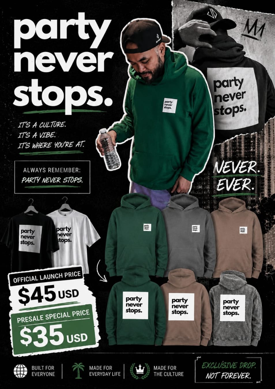 A promotional graphic for a streetwear brand featuring the slogan 'party never stops.' in large white text.