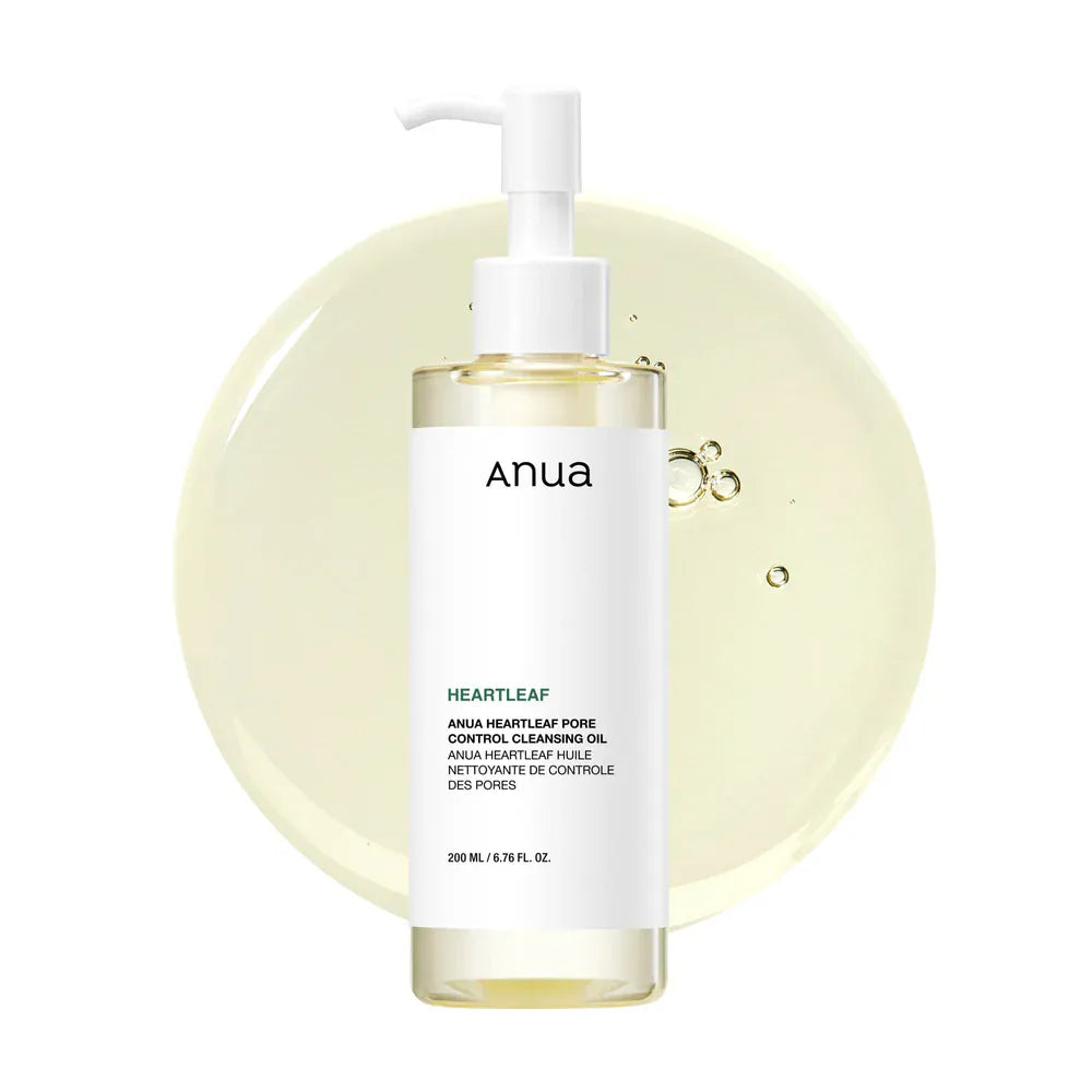 Anua Heartleaf Pore Cleansing Oil bottle with pump, showcasing its gentle, purifying formula infused with heartleaf extract.