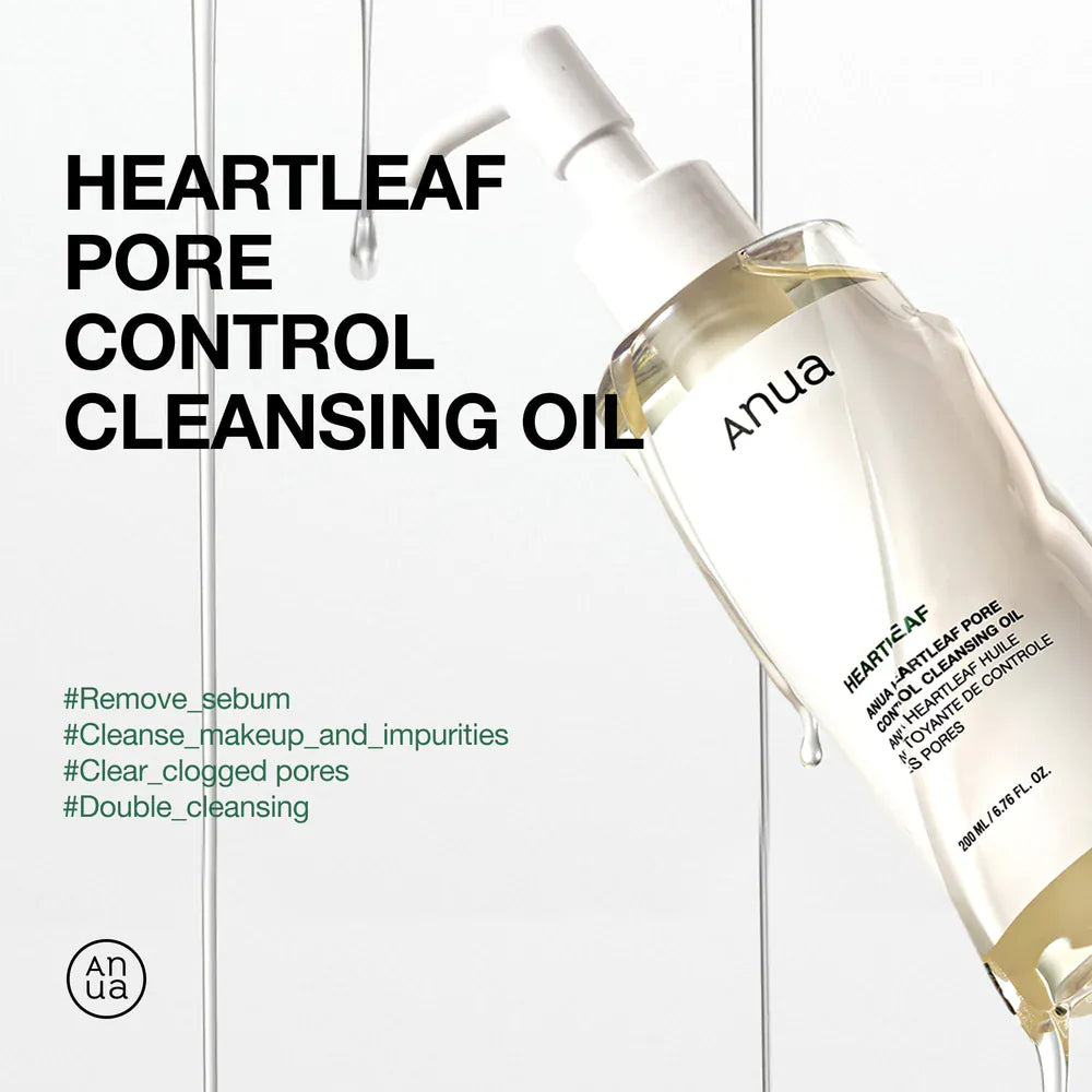 Anua Heartleaf Pore Cleansing Oil bottle with text emphasizing removal of sebum and makeup, double cleansing benefits.