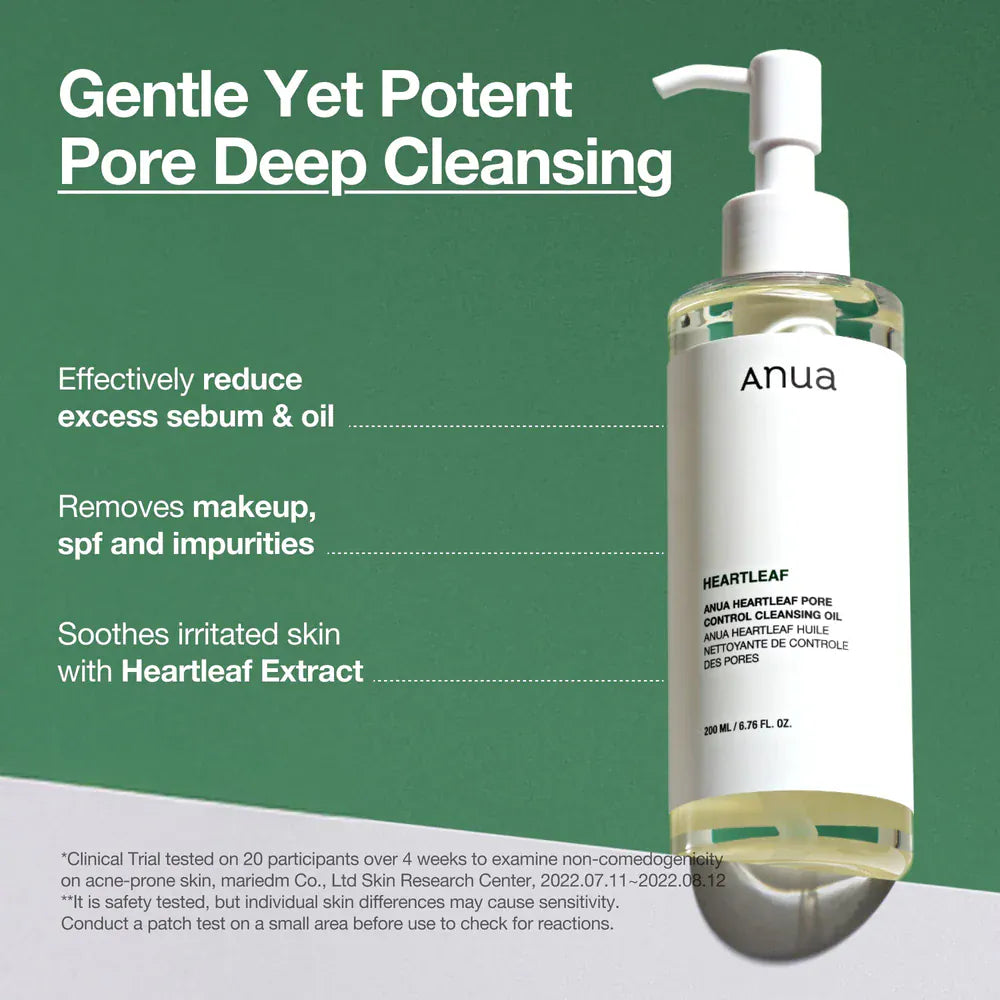 Anua Heartleaf Pore Cleansing Oil for deep pore cleaning, reduces excess sebum, makeup, impurities, with soothing Heartleaf extract.