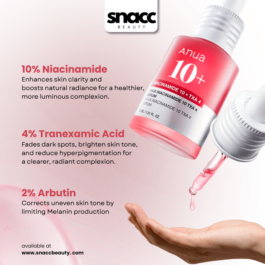Anua Dark Spot Removing Serum with Niacinamide 10% and TXA 4%, a brightening treatment for clearer skin, suitable for oily and combination skin.