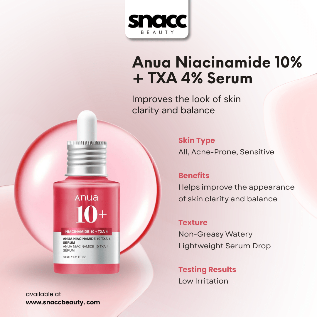 Anua Dark Spot Removing Serum with Niacinamide 10% and TXA 4% for clearer skin, suitable for oily and acne-prone types, 30ml bottle.