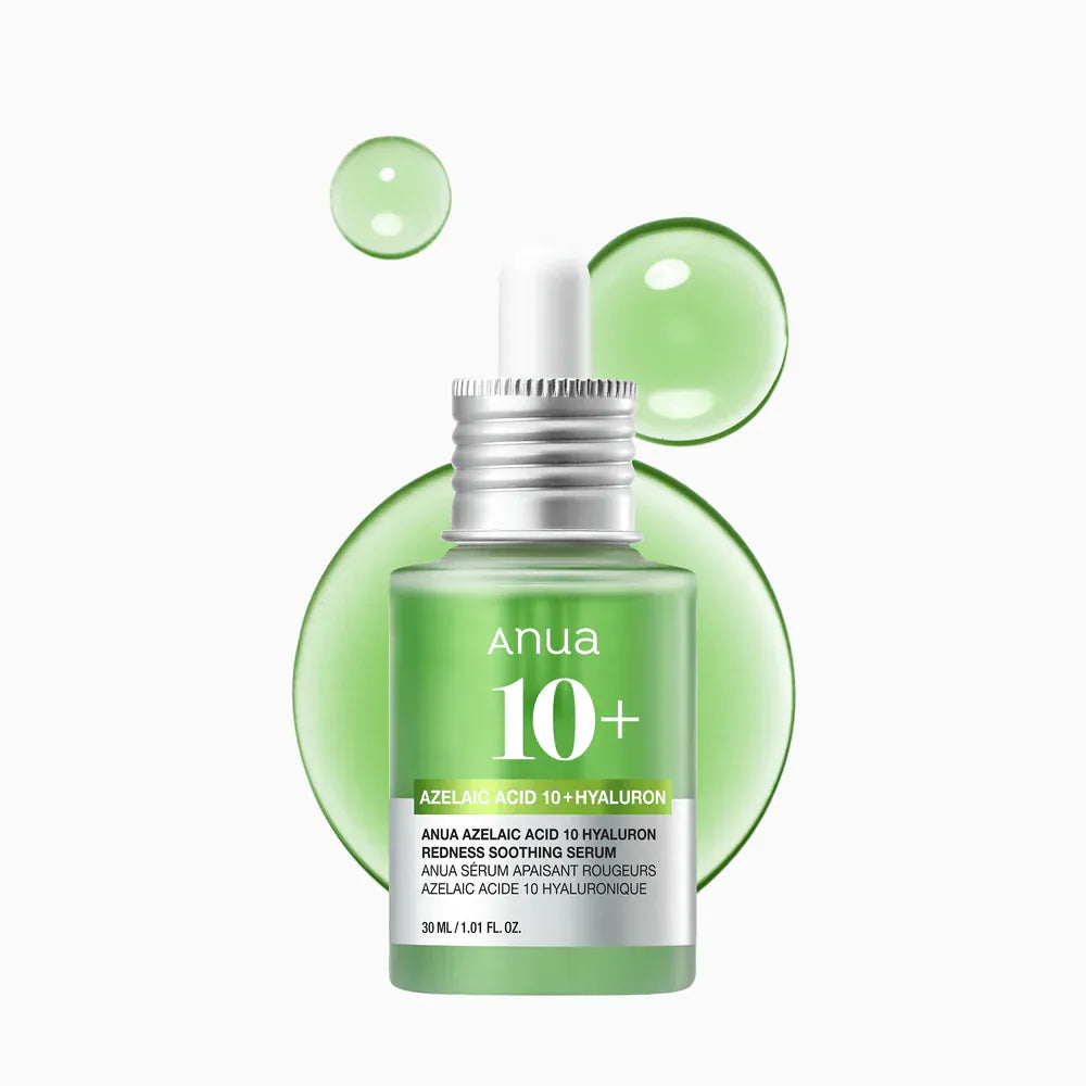 Anua Azelaic Acid 10 + Hyaluron Redness Soothing Serum bottle with green design, 30 ml size.