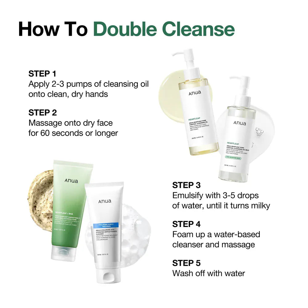 Anua Heartleaf Pore Cleansing Oil double cleanse steps with product images and instructions.
