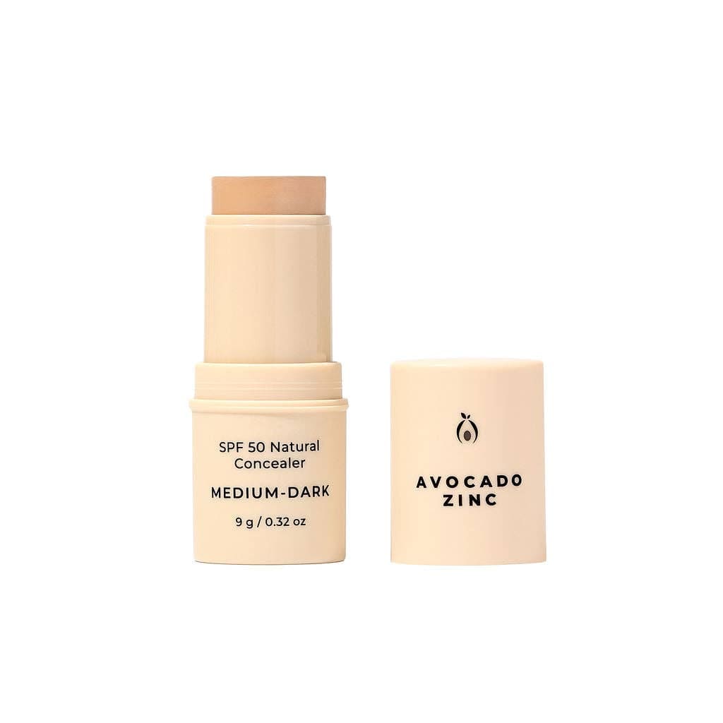 Avocado Zinc SPF 50 Natural Concealer stick in medium-dark shade, offering mineral coverage and sun protection.