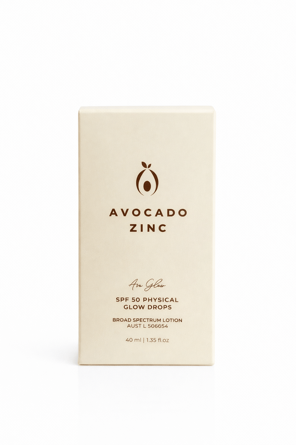 Avocado Zinc SPF 50 Bronzing & Glow Drops packaging with broad-spectrum protection and a natural bronzed glow finish.