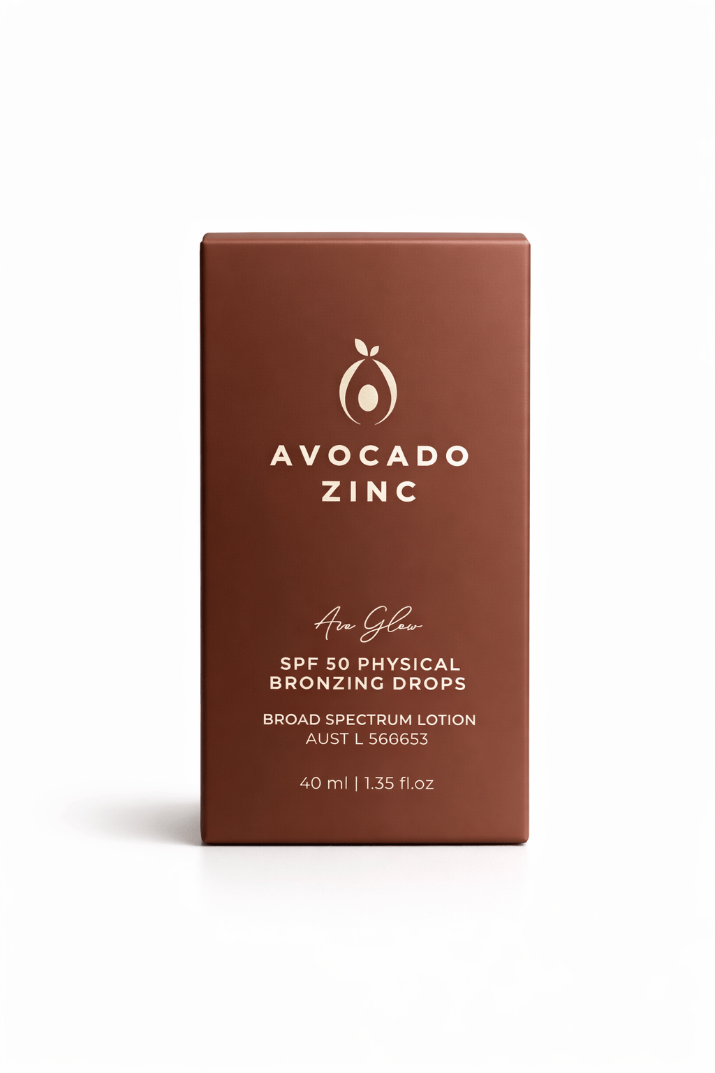 Box of Avocado Zinc SPF 50 Bronzing & Glow Drops, a mineral sun protection product with zinc oxide for natural bronzed skin glow.