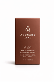 Box of Avocado Zinc SPF 50 Bronzing & Glow Drops, a mineral sun protection product with zinc oxide for natural bronzed skin glow.