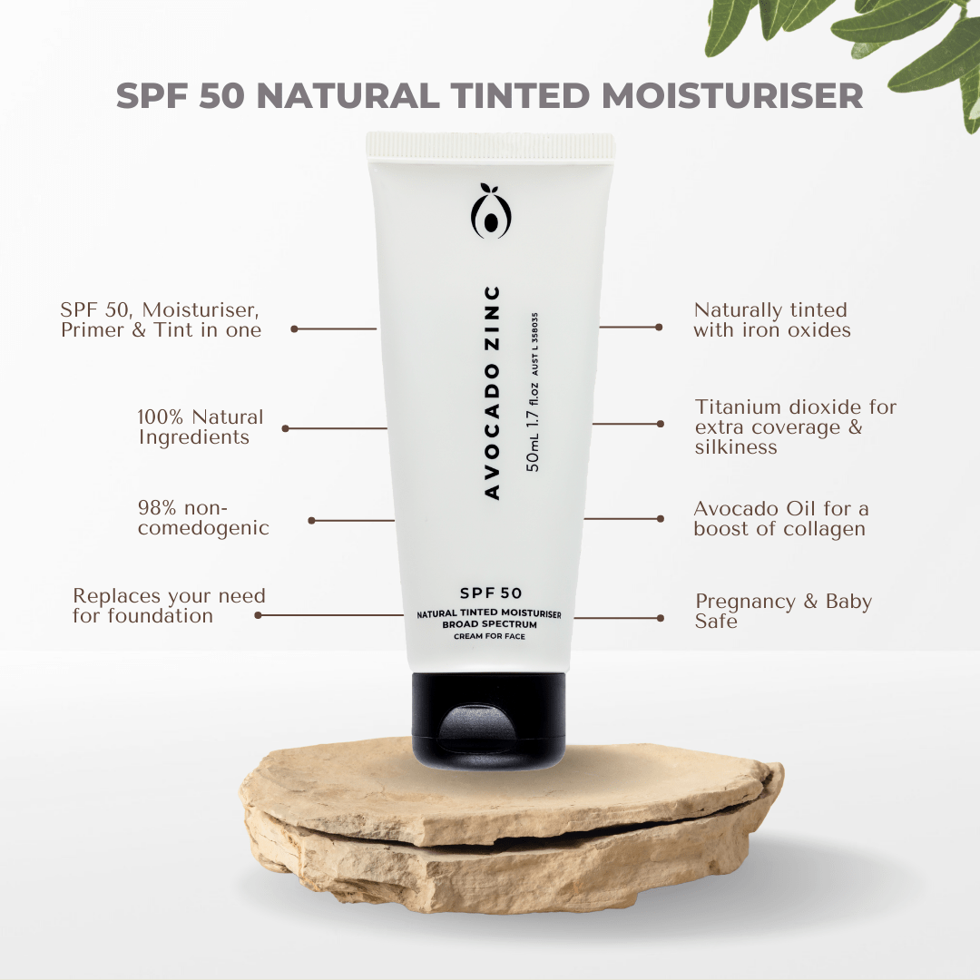 Avocado Zinc SPF 50 Tinted Moisturiser – Light–Medium 100ml tube, mineral-based with broad-spectrum sun protection and hydrating formula.