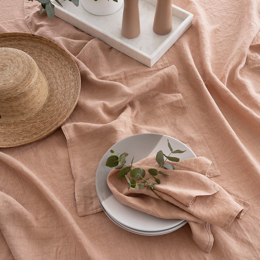 Linen Napkins Set 2 Blush styled with plates and natural decor on a soft blush tablecloth.
