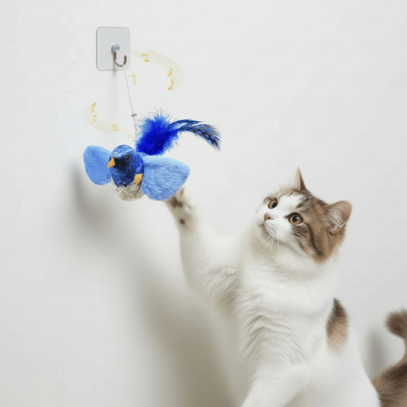 DISTRICT PETS Cat Toy Blue Bird Wall Hanging Cat Toy with Faux Feather Tail | Interactive Chase & Play Toy