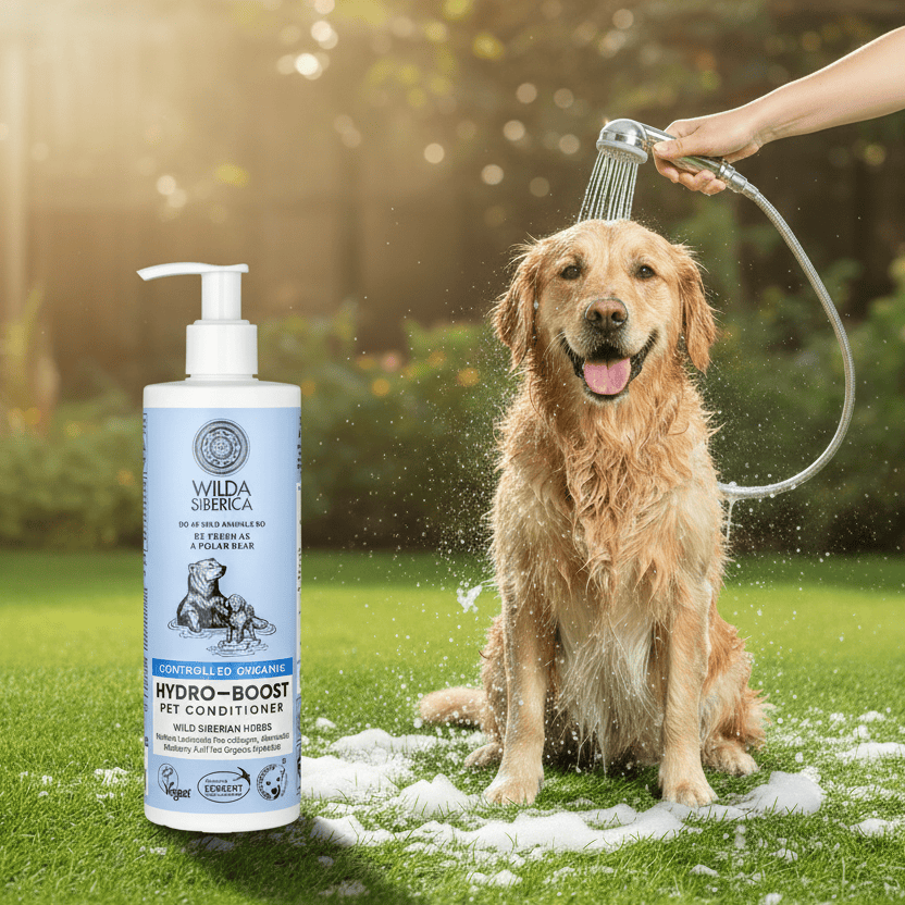 Dog being conditioned with Wilda Siberica Hydro-boost Organic Pet Conditioner 400ml for dry coat care