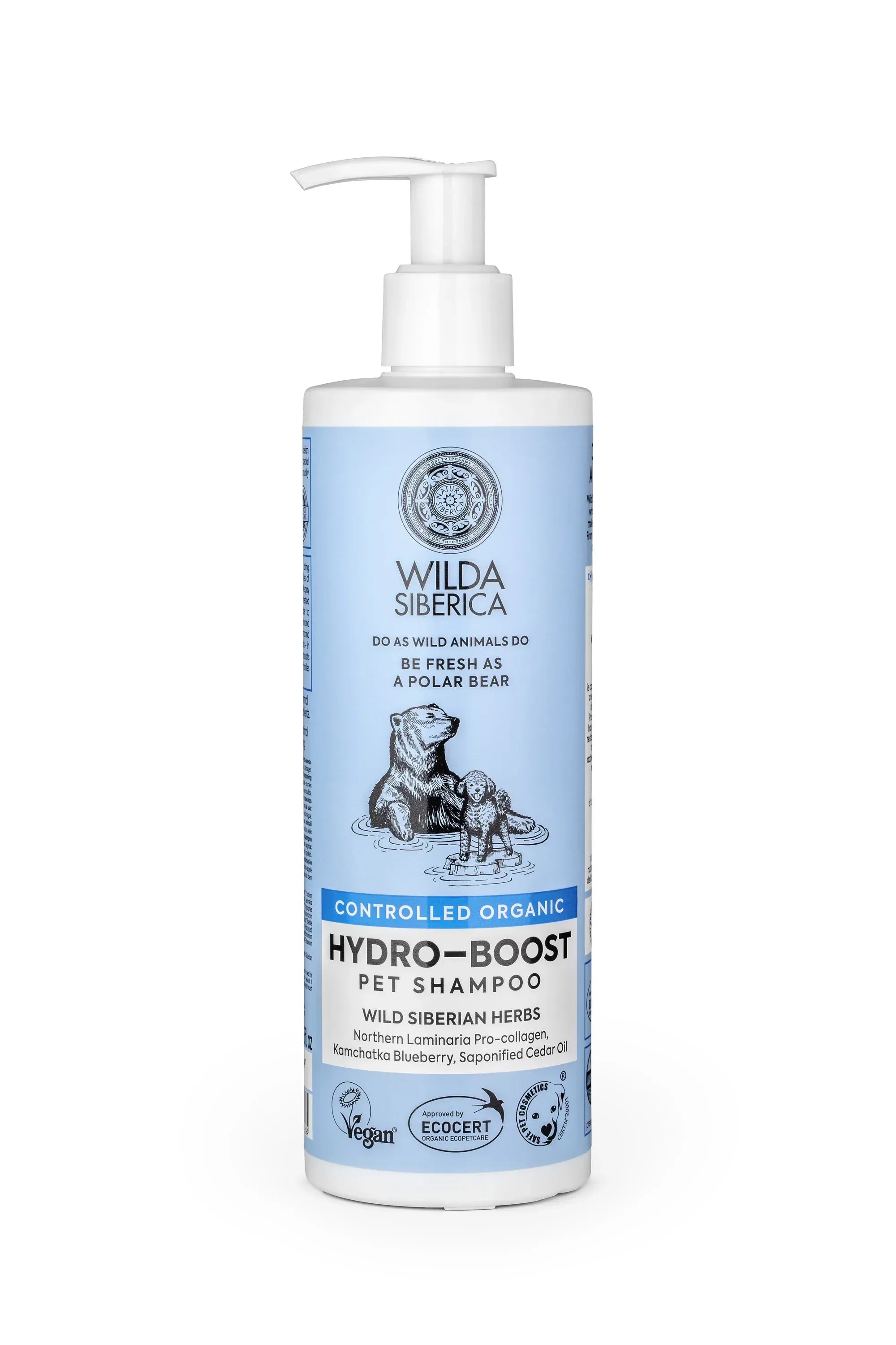 Wilda Siberica Hydro-boost Organic Pet Shampoo 400ml bottle with pump, designed for hydrating and nourishing dry pet coats.