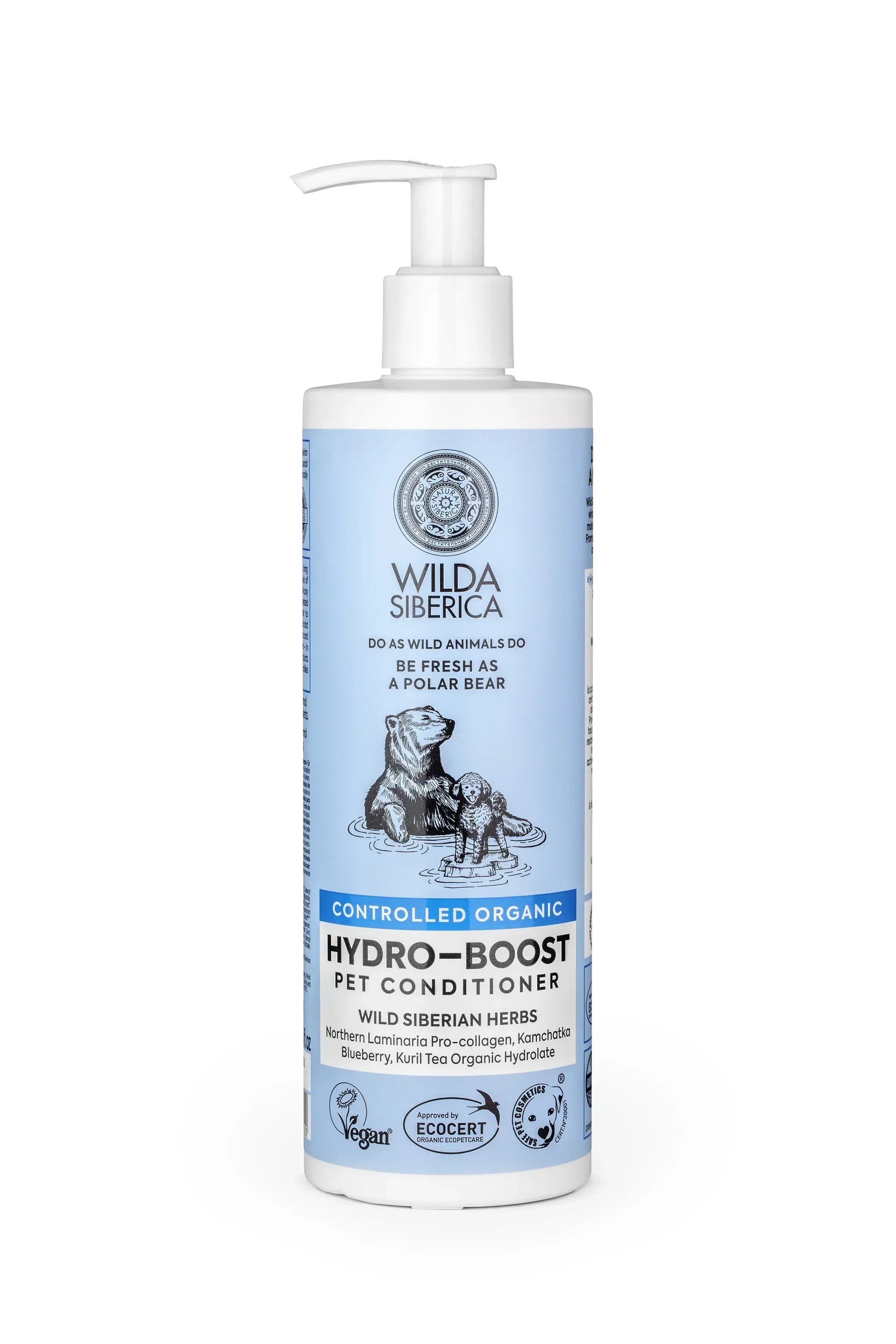 Wilda Siberica Hydro-boost Organic Pet Shampoo 400ml for nourishing dry pet coats with organic ingredients.