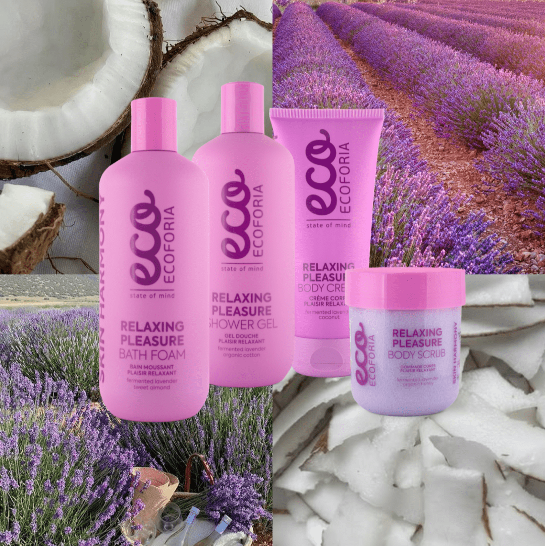 Ecoforia Relaxing Pleasure Body Scrub 200ml with lavender and coconut imagery, part of Ecoforia's Relaxing Pleasure series.