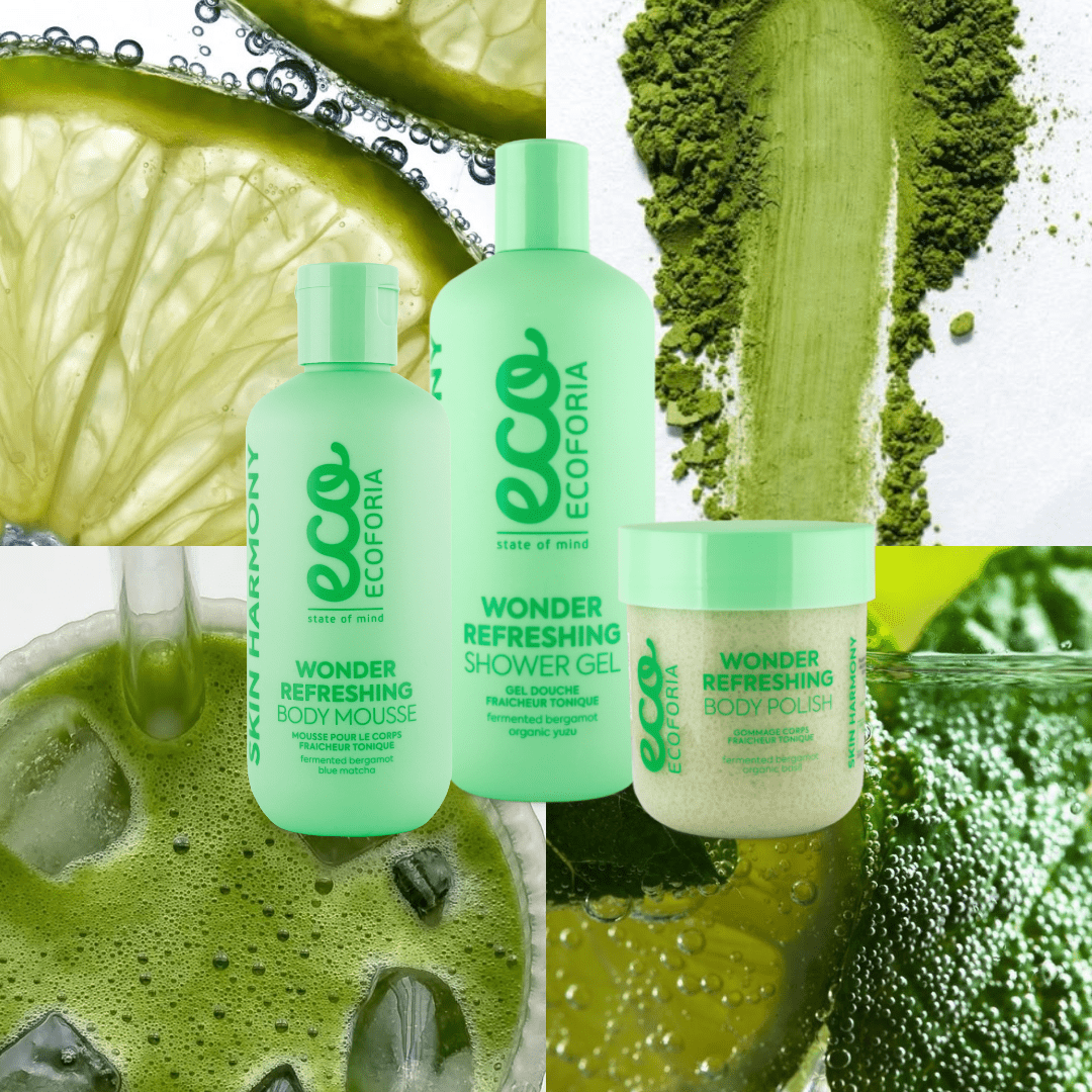 Ecoforia Wonder Refreshing Shower Gel 400ml with body mousse and polish, featuring green ingredients and vibrant packaging.