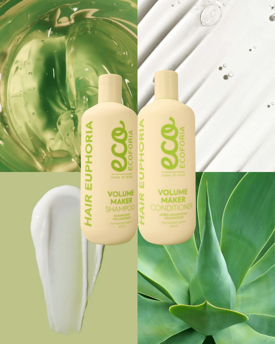 Ecoforia Volume Maker Conditioner 400ml bottle surrounded by natural elements, designed for fine or flat hair, enhancing volume and body.