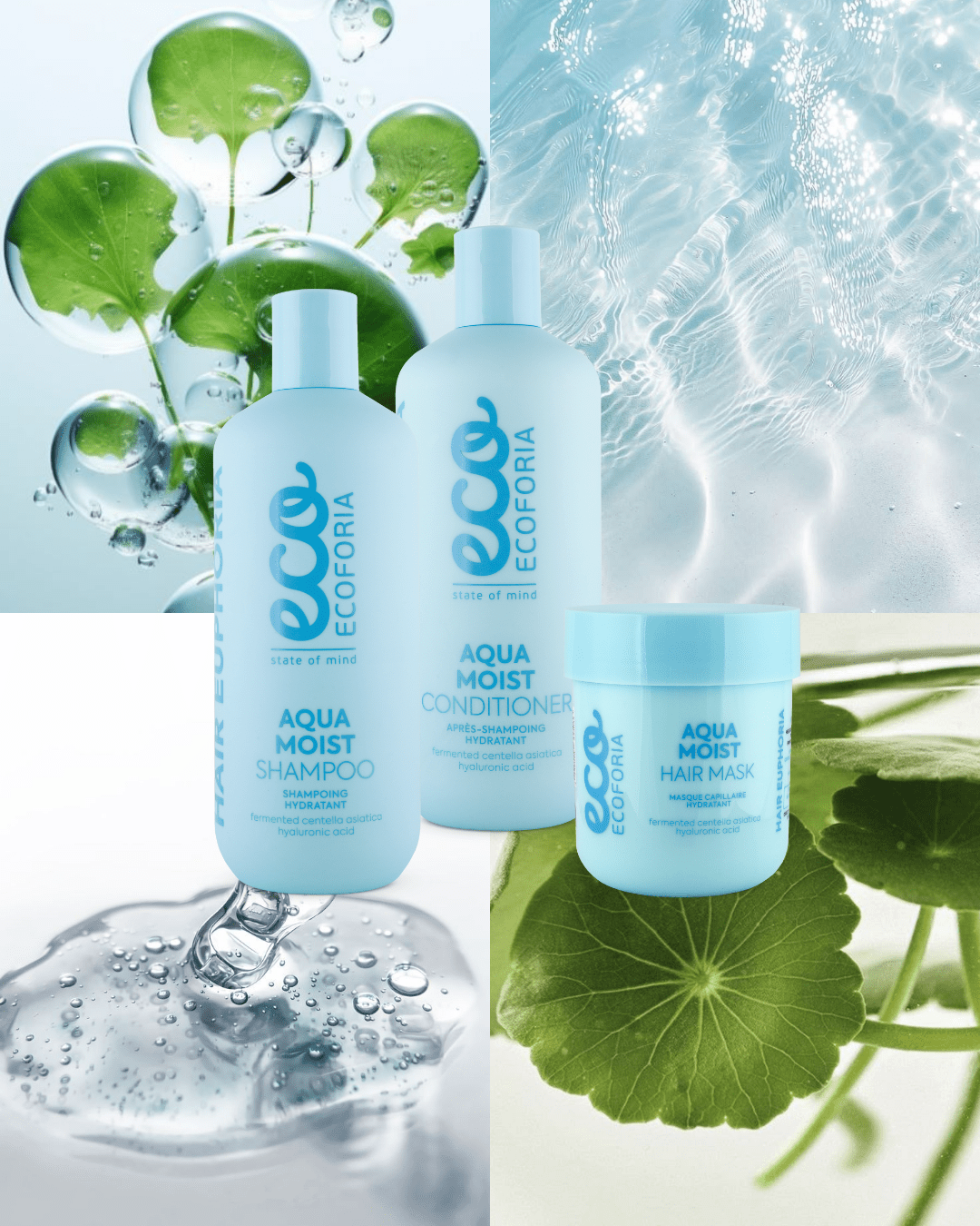 Ecoforia Aqua Moist Hair Mask 200ml with shampoo and conditioner, ideal for hydrating and restoring dry hair.