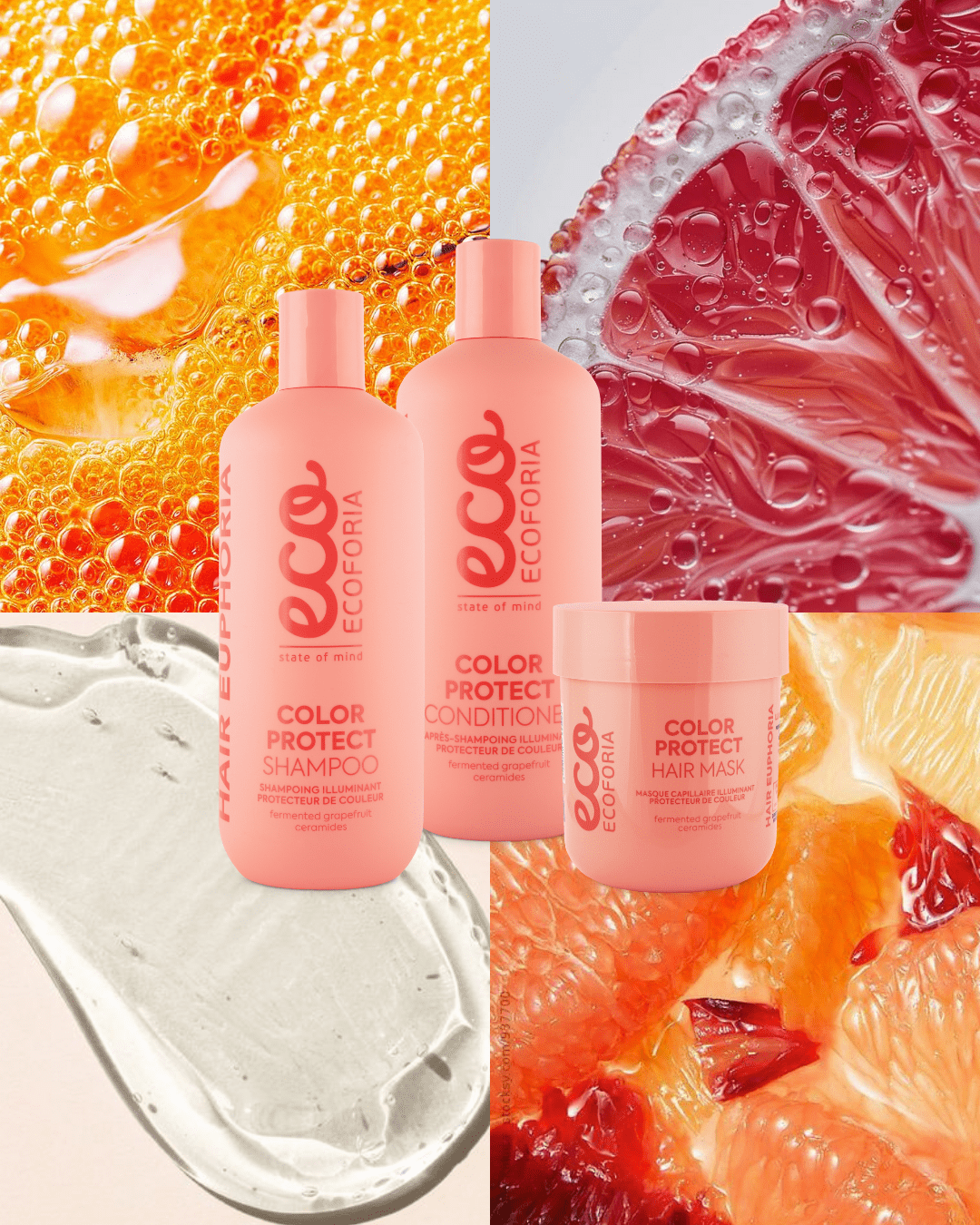 Ecoforia Colour Protect Hair Mask with orange and grapefruit extracts for vibrant color and deep conditioning, 200ml jar displayed.