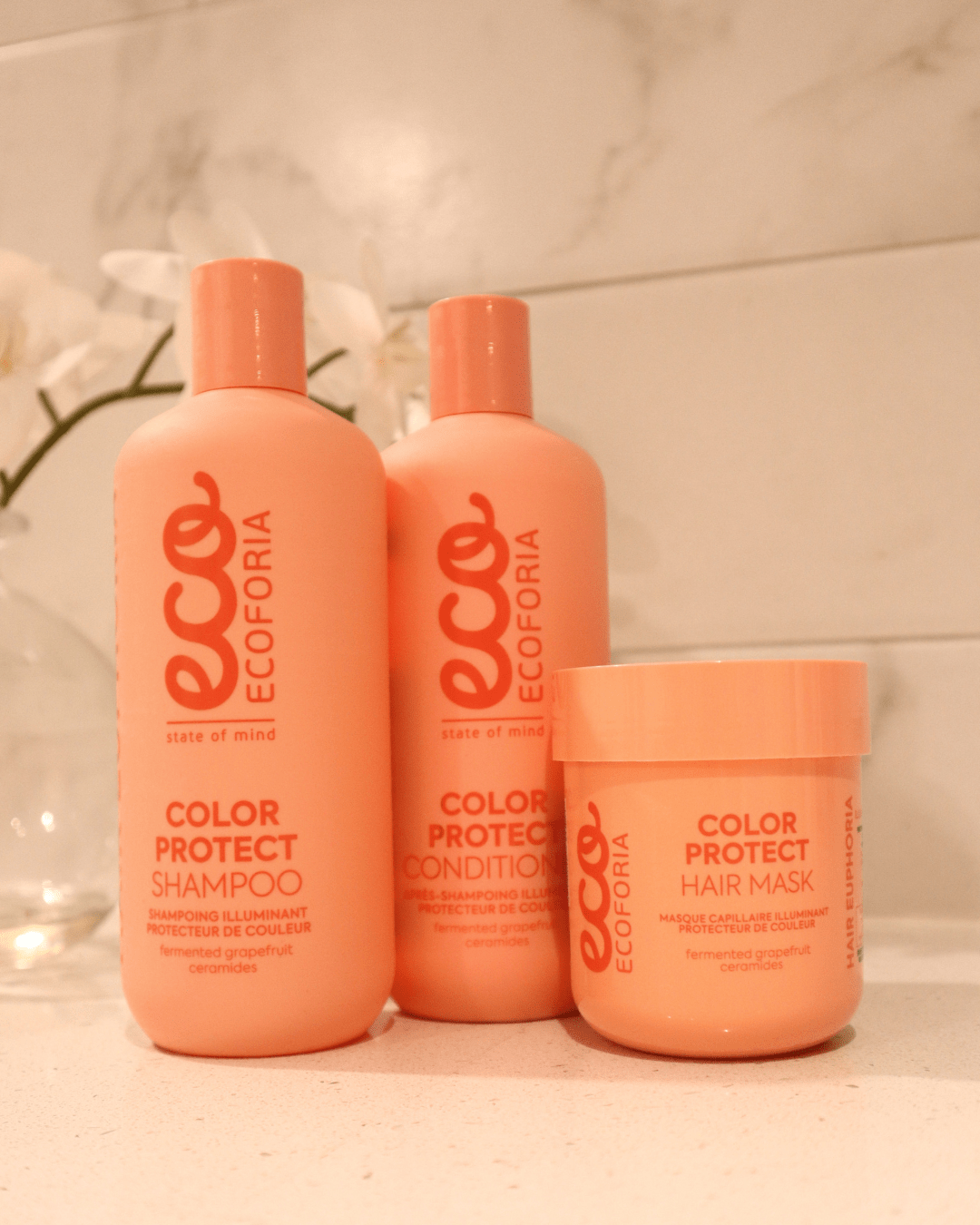 Ecoforia Colour Protect Conditioner 400ml with shampoo and hair mask for vibrant color-treated hair care.