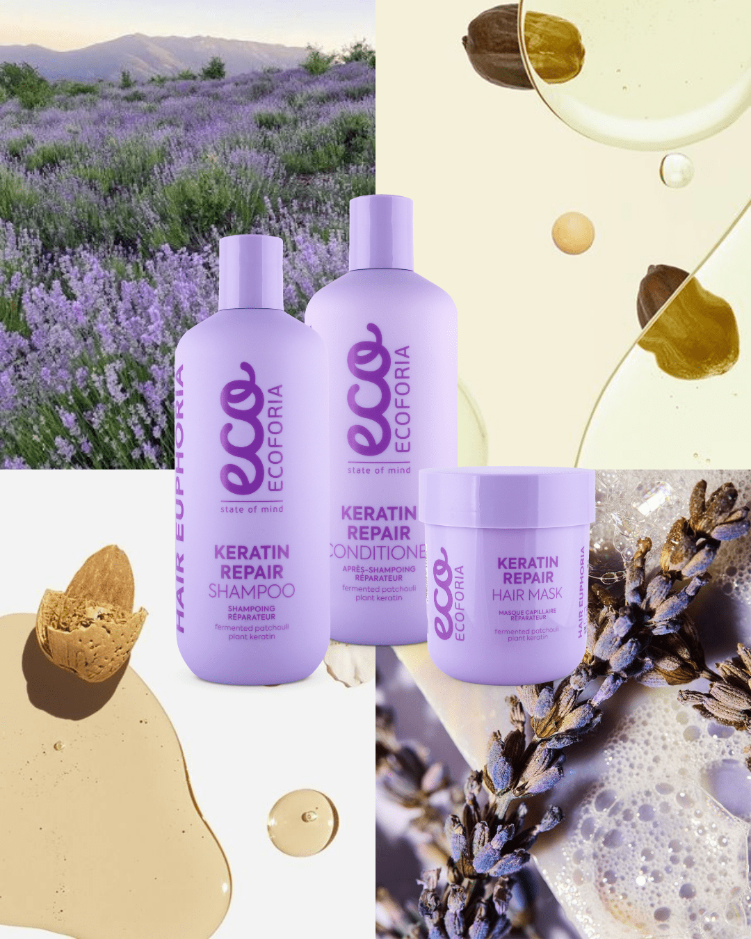 Ecoforia Keratin Repair Hair Mask 200ml with lavender and nourishing ingredients illustration