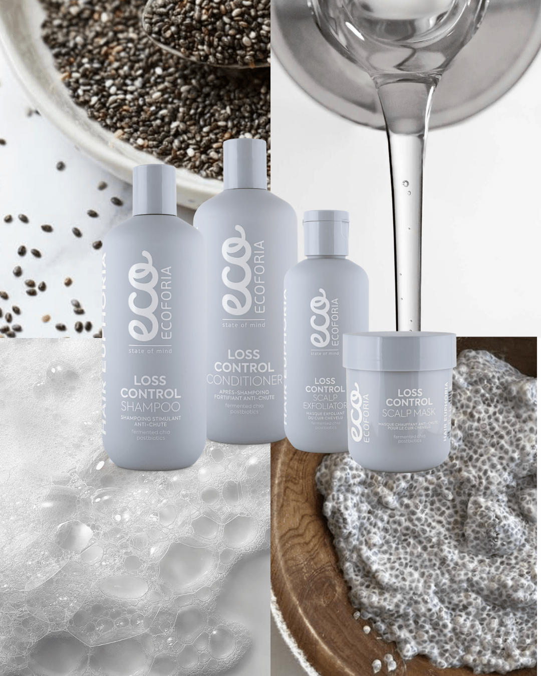 Ecoforia Loss Control Scalp Exfoliator 200ml with chia and natural ingredients, ideal for maintaining a healthy scalp environment.