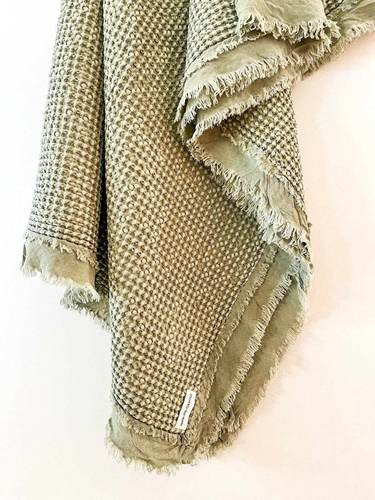Organic Cotton Waffle Throw Light Olive Mama and Tochter Organic Cotton Rustic Waffle Throw Blanket - Light Olive