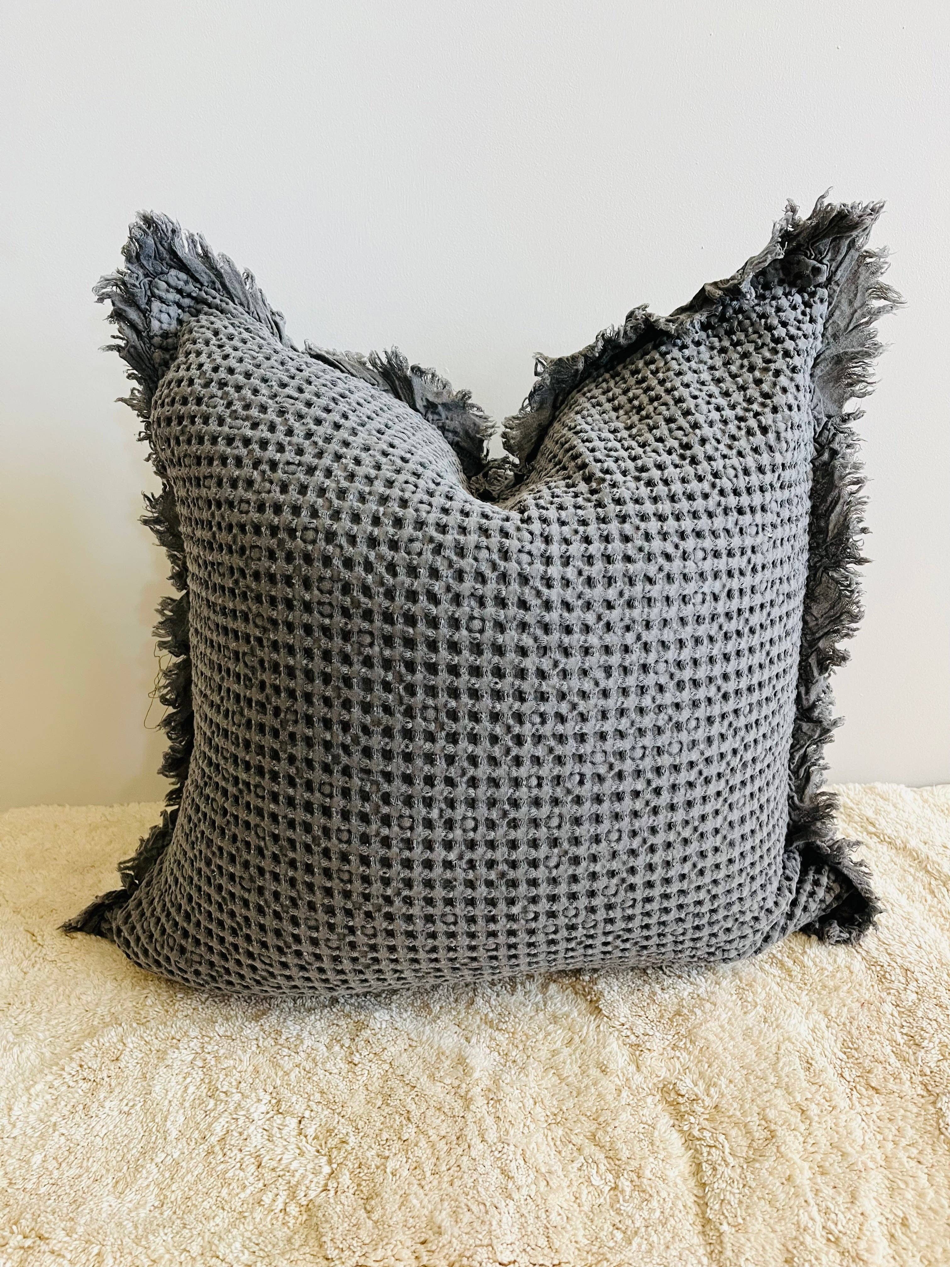 Mama and Tochter Organic Cotton Waffle Ruffle Cushion Cover - Charcoal- 2.5cm Frayed Ruffle