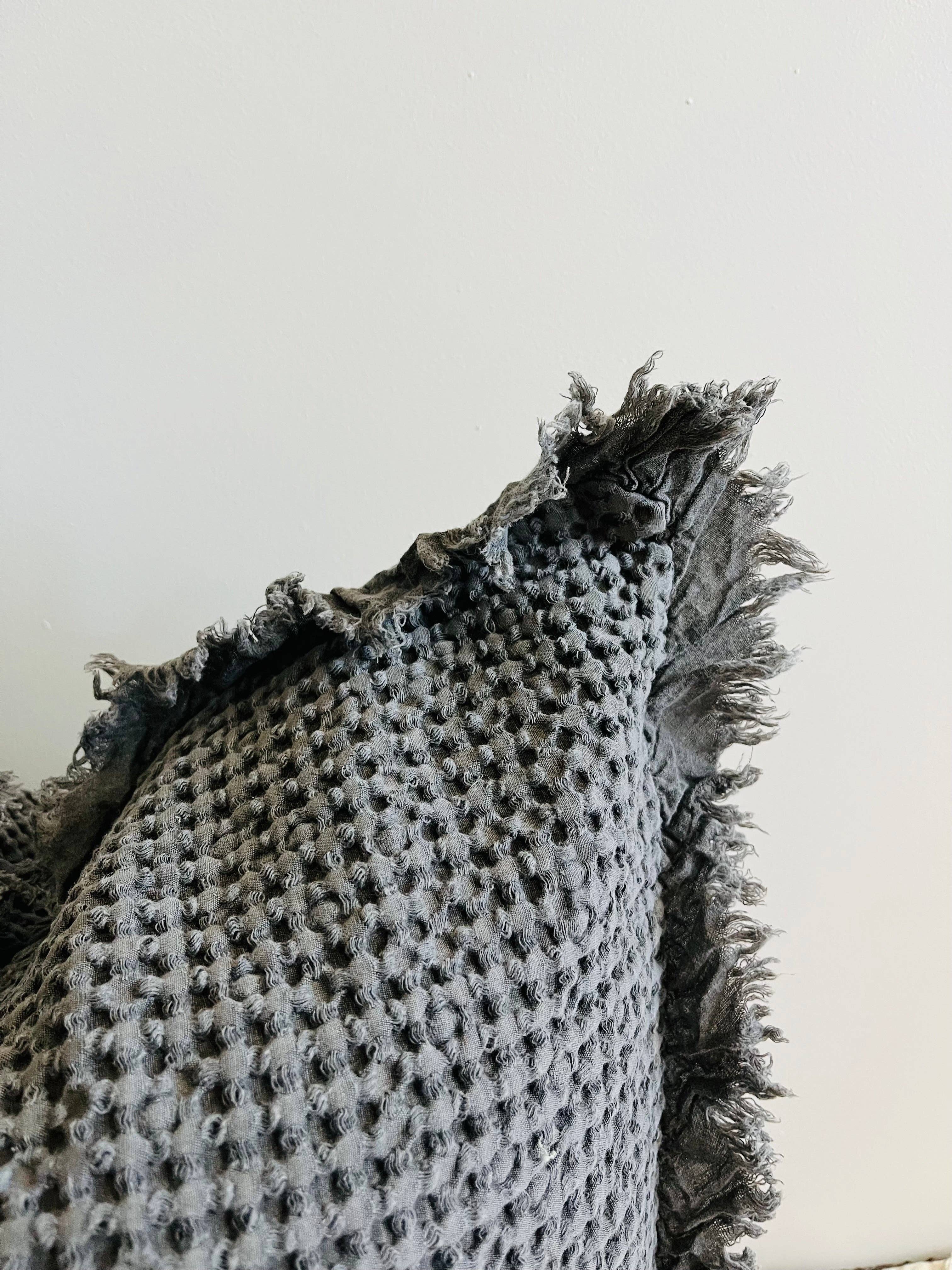 Mama and Tochter Organic Cotton Waffle Ruffle Cushion Cover - Charcoal- 2.5cm Frayed Ruffle