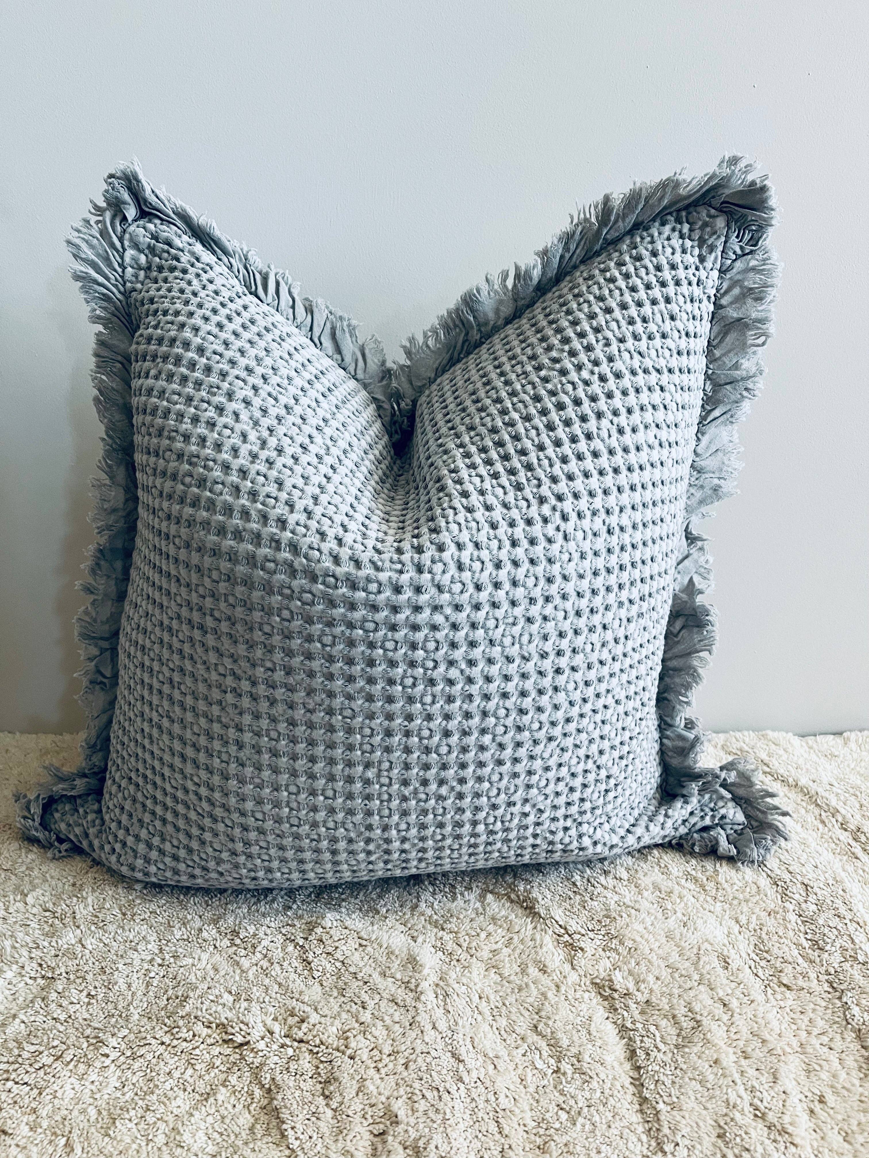 Mama and Tochter Organic Cotton Waffle Ruffle Cushion Cover - Light Grey- 2.5cm Frayed Ruffle