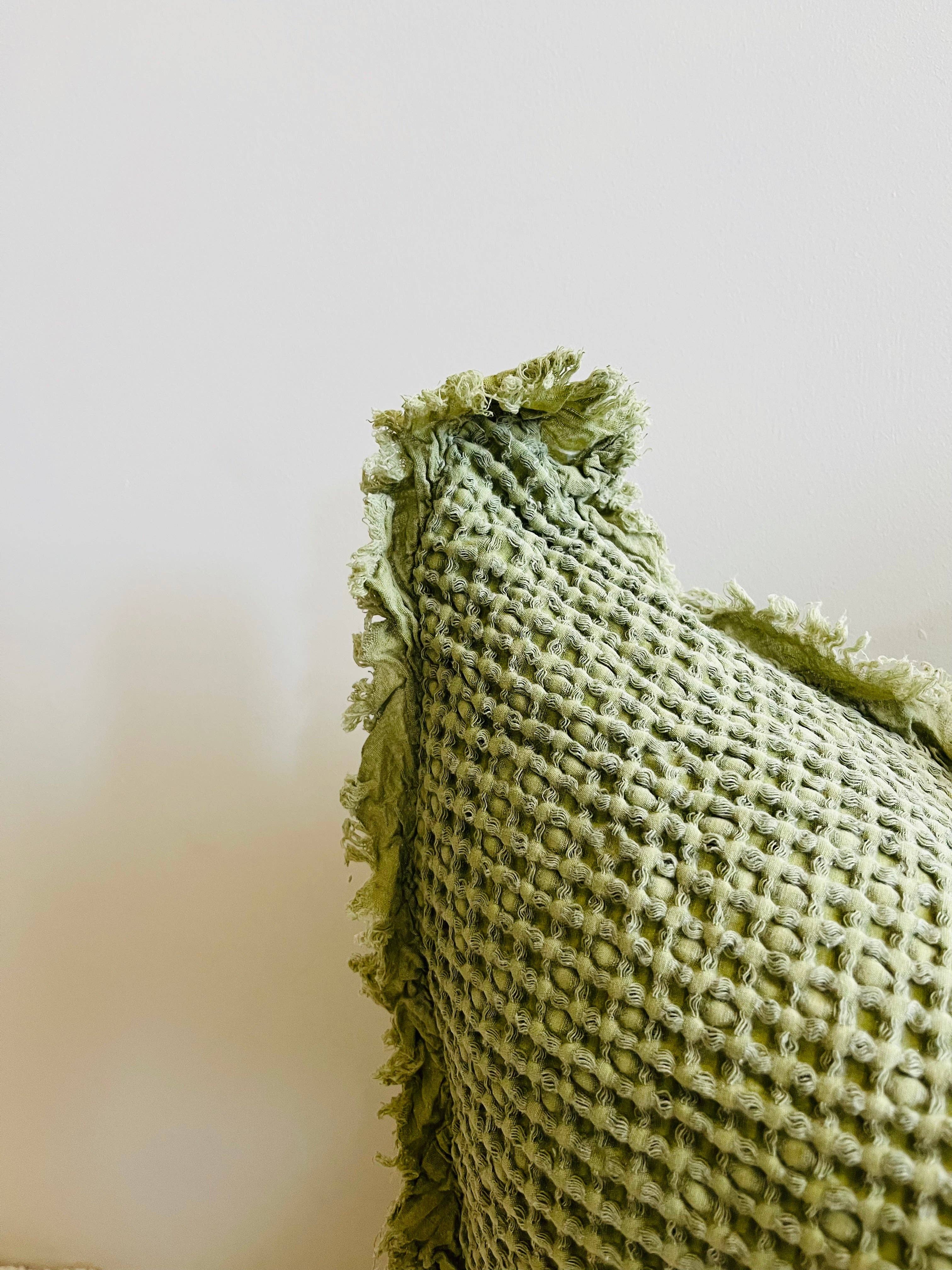 Mama and Tochter Organic Cotton Waffle Ruffle Cushion Cover - Light Olive- 2.5cm Frayed Ruffle