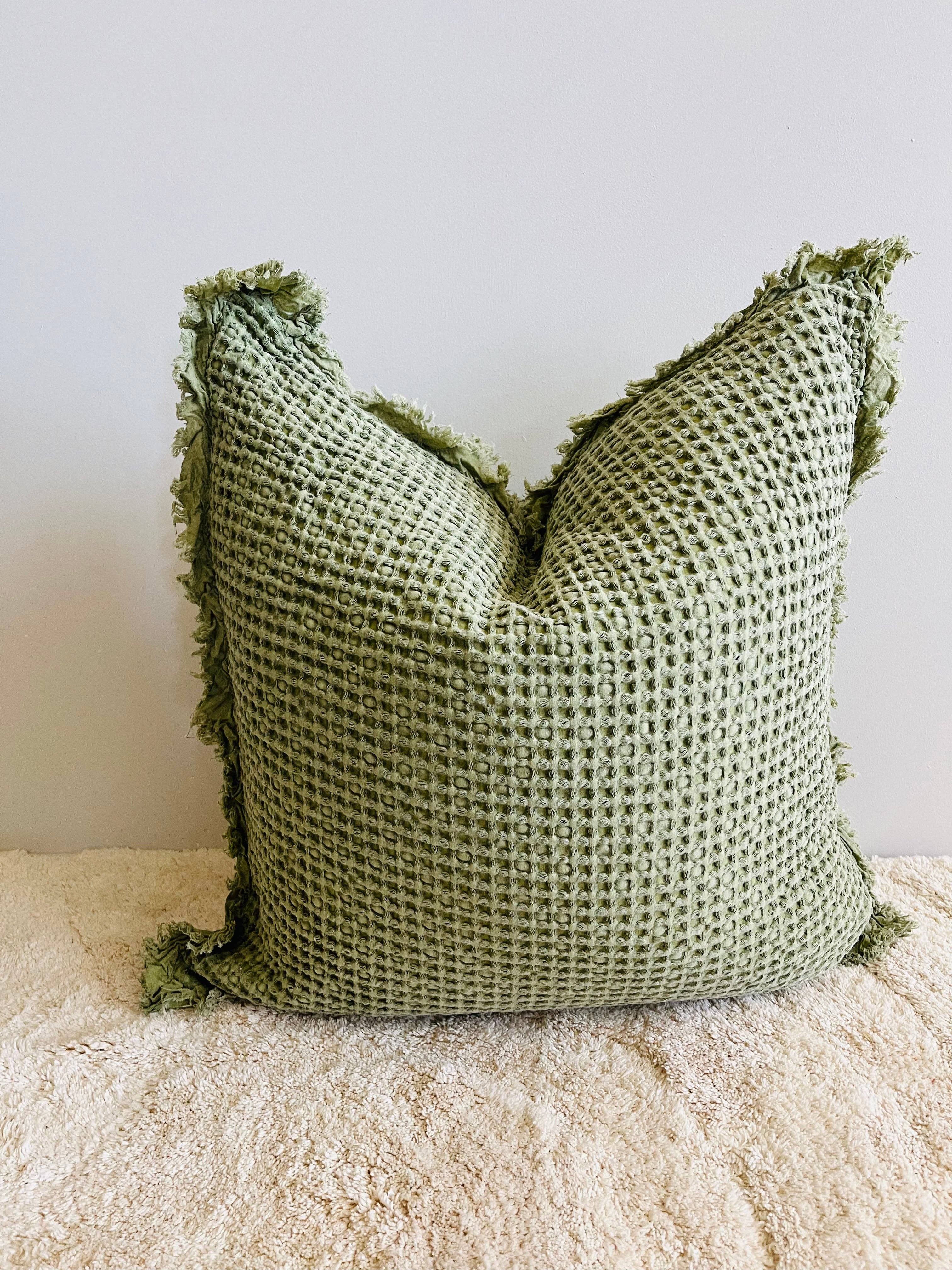 Mama and Tochter Organic Cotton Waffle Ruffle Cushion Cover - Light Olive- 2.5cm Frayed Ruffle