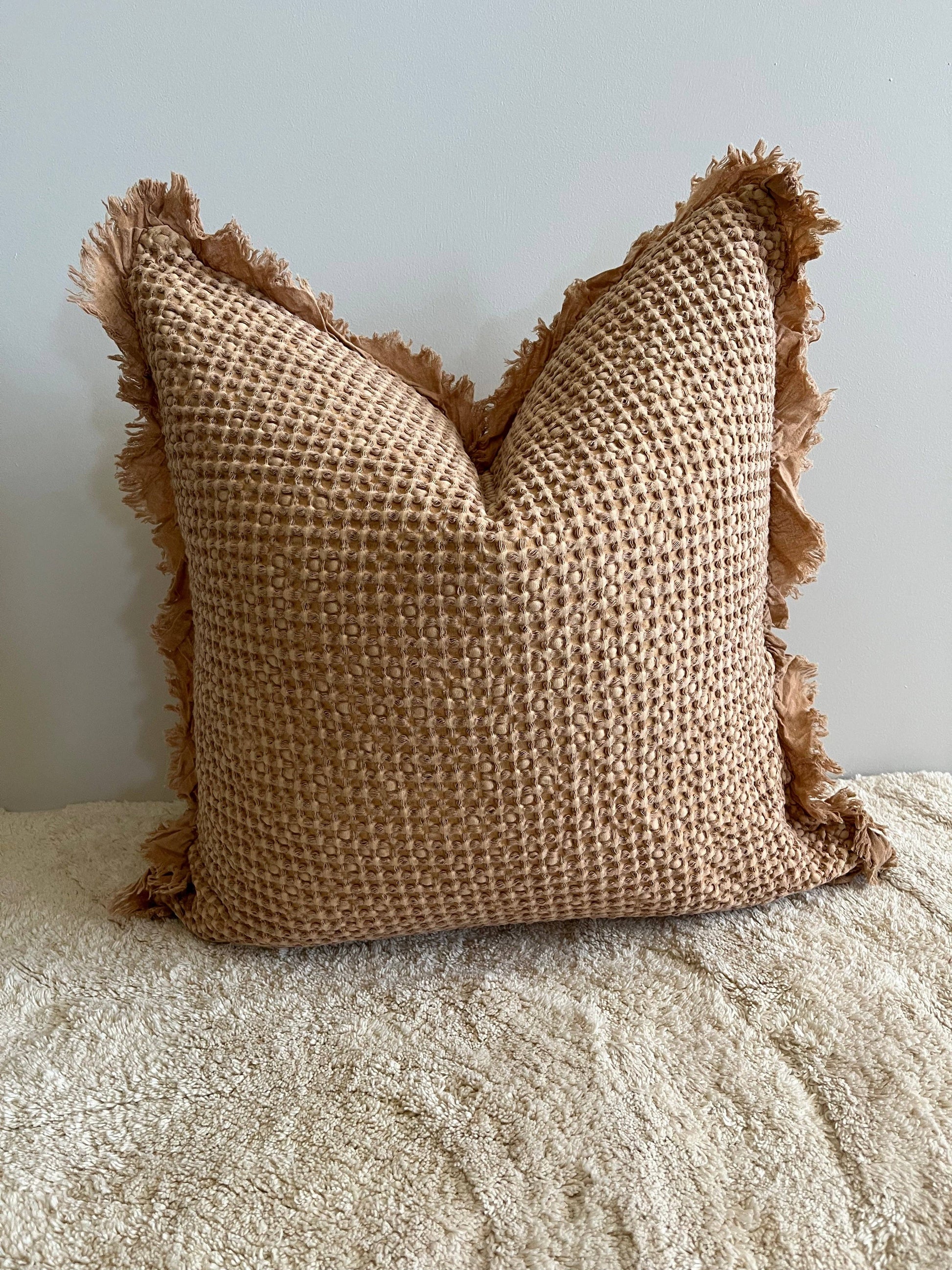 Mama and Tochter Organic Cotton Waffle Ruffle Cushion Cover - Light Rust- 2.5cm Frayed Ruffle
