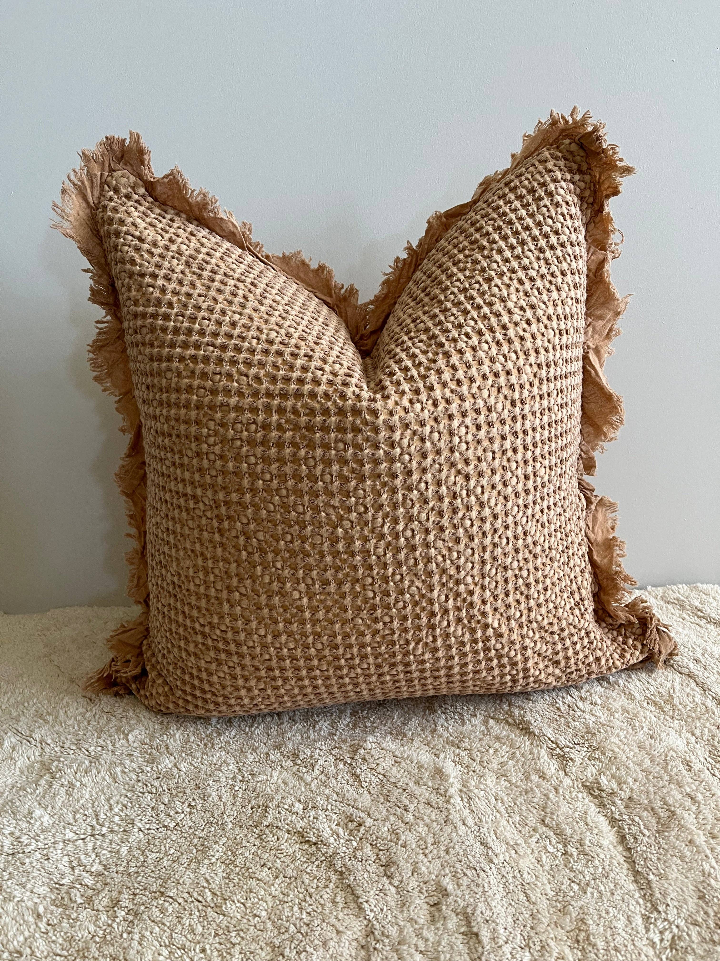 Mama and Tochter Organic Cotton Waffle Ruffle Cushion Cover - Light Rust- 2.5cm Frayed Ruffle