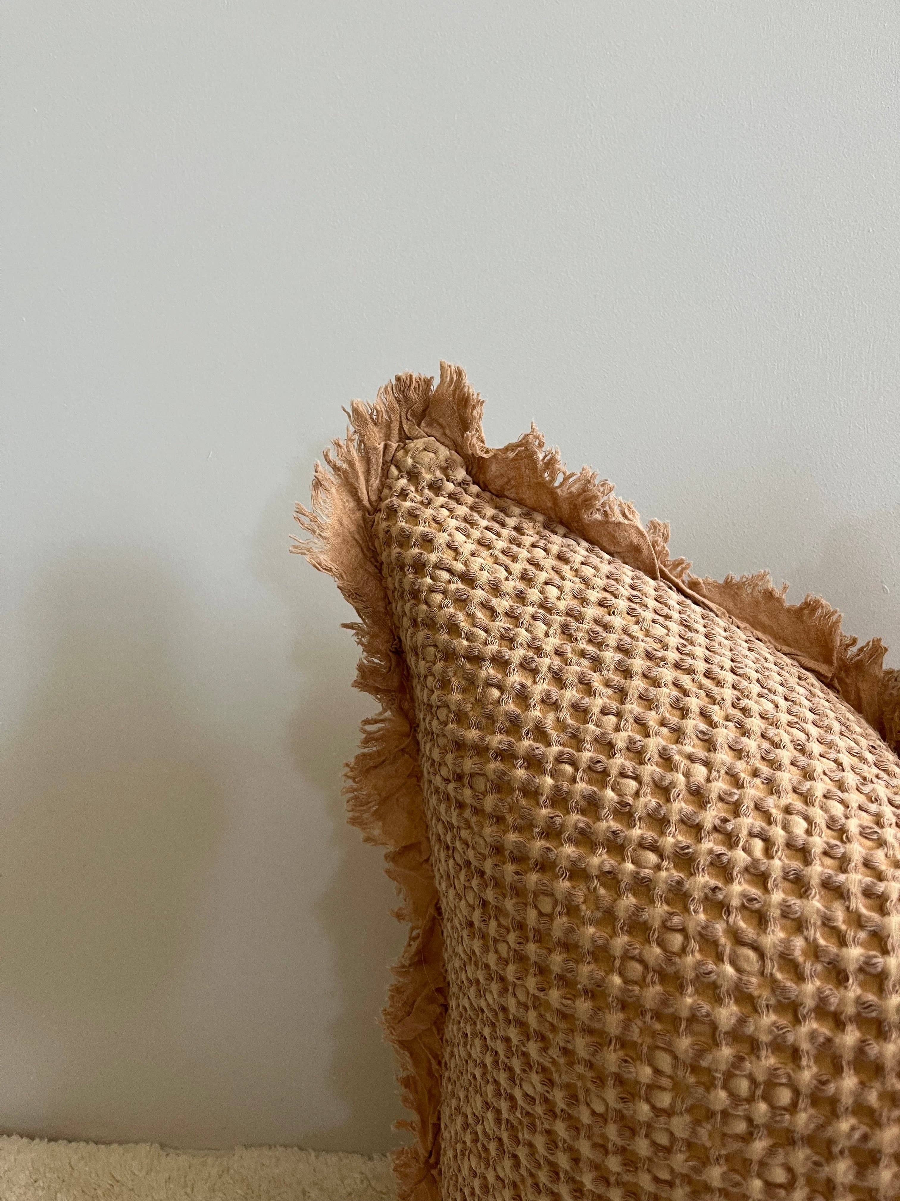 Mama and Tochter Organic Cotton Waffle Ruffle Cushion Cover - Light Rust- 2.5cm Frayed Ruffle