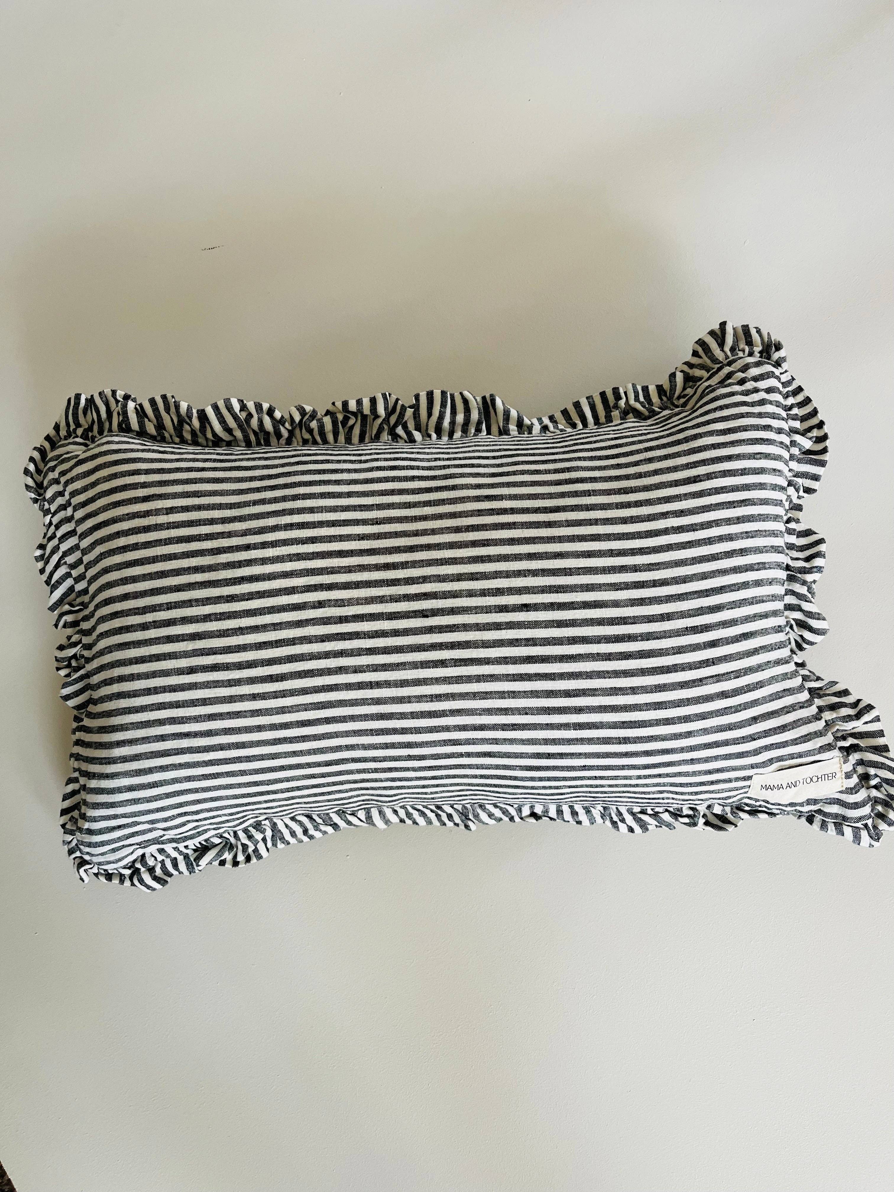 Mama and Tochter Pure French Linen Ruffle Lumbar - Charcoal Pinstripes