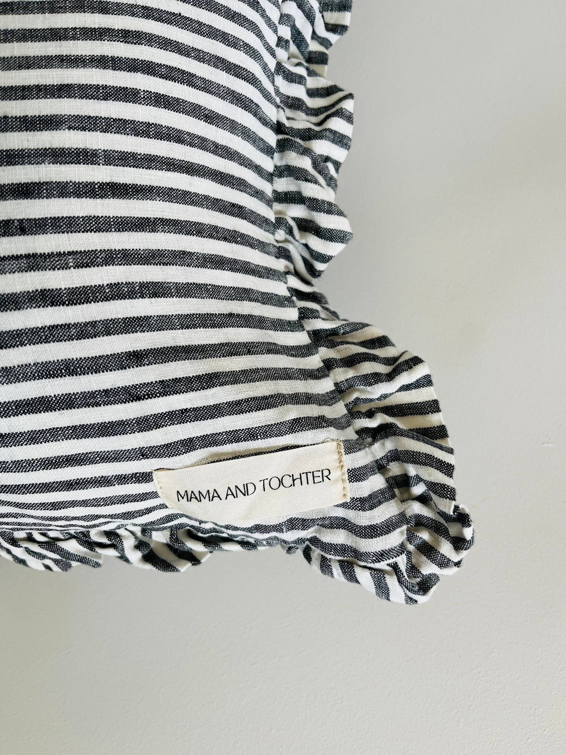 French Linen Ruffle Lumbar Charcoal Pinstripes Mama and Tochter Pure French Linen Ruffle Lumbar - Charcoal Pinstripes