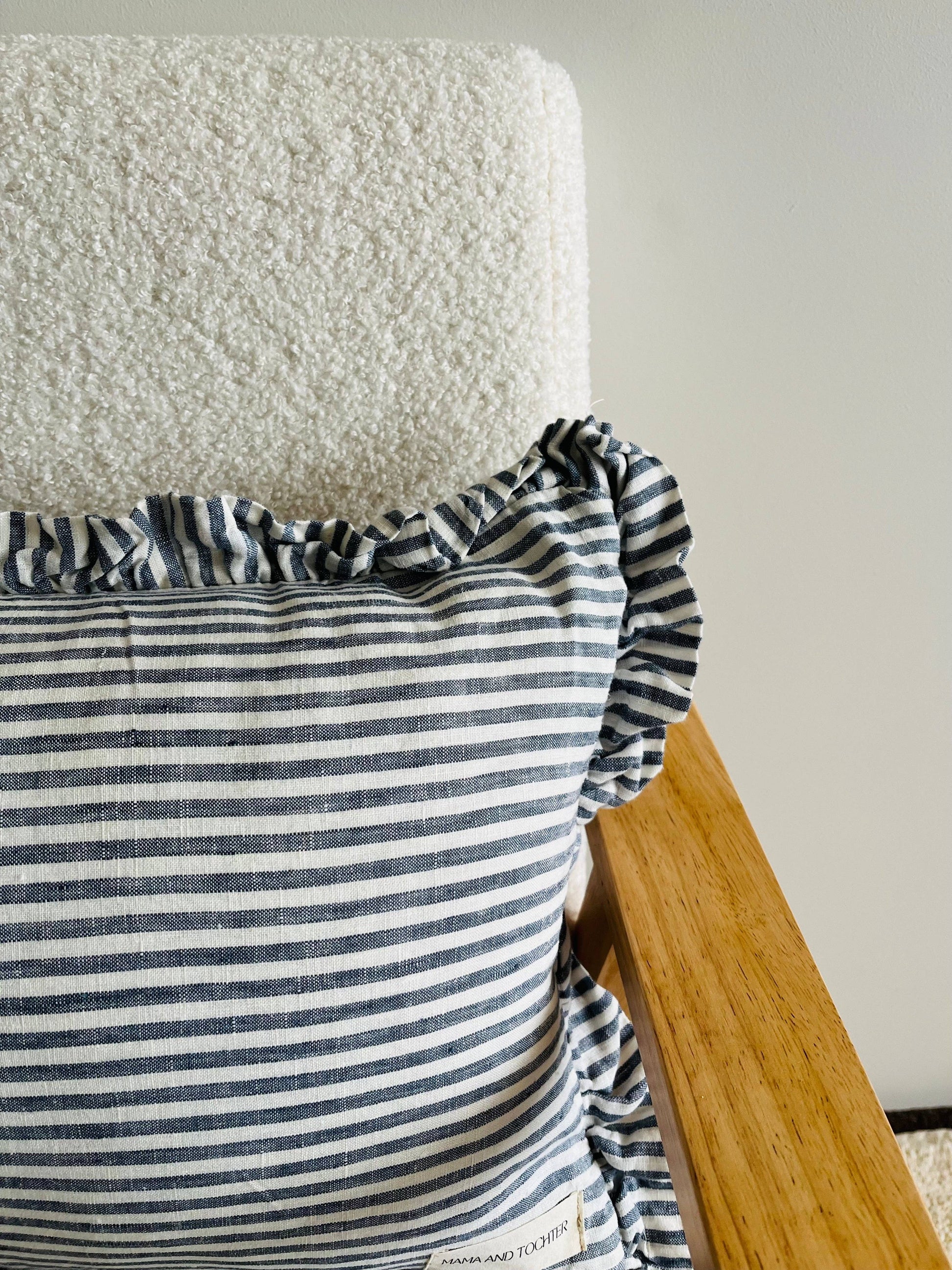 French Linen Ruffle Lumbar Marine Pinstripes Mama and Tochter Pure French Linen Ruffle Lumbar - Marine Pinstripes