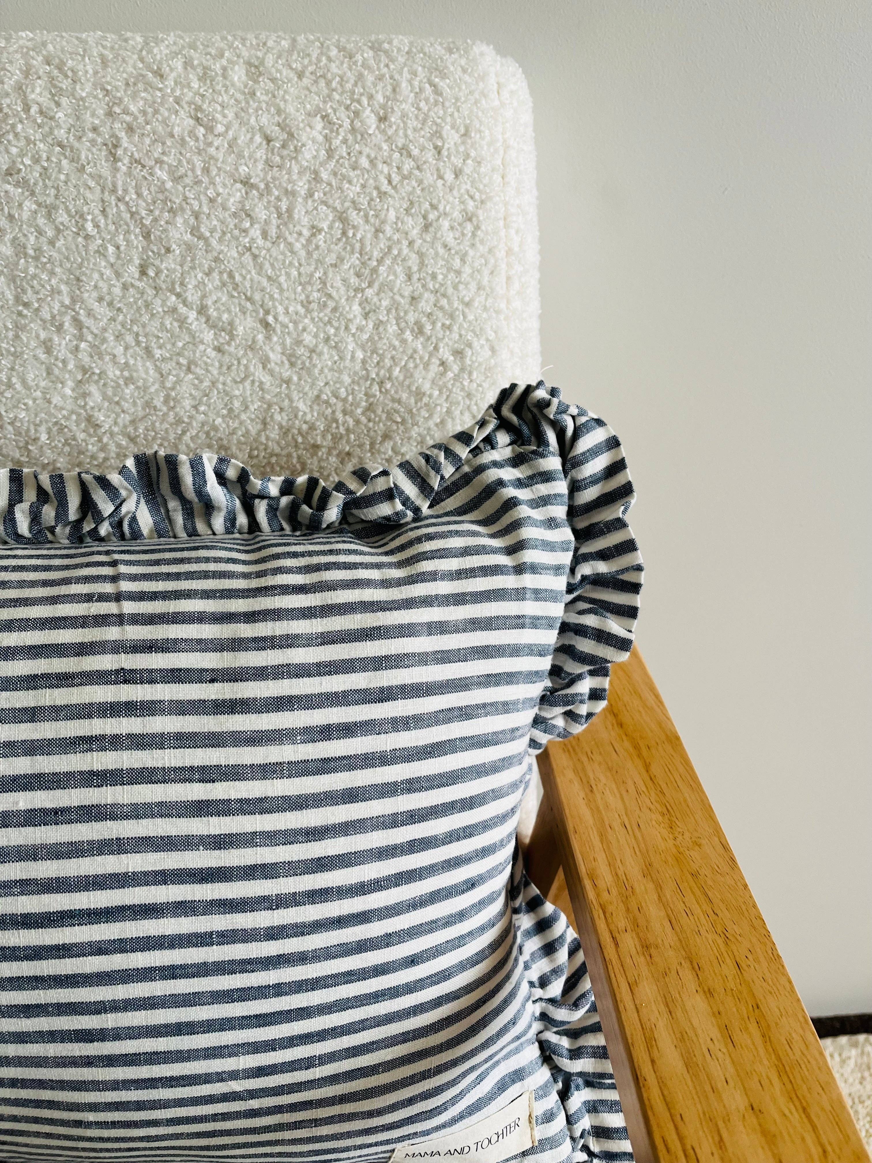 Mama and Tochter Pure French Linen Ruffle Lumbar - Marine Pinstripes
