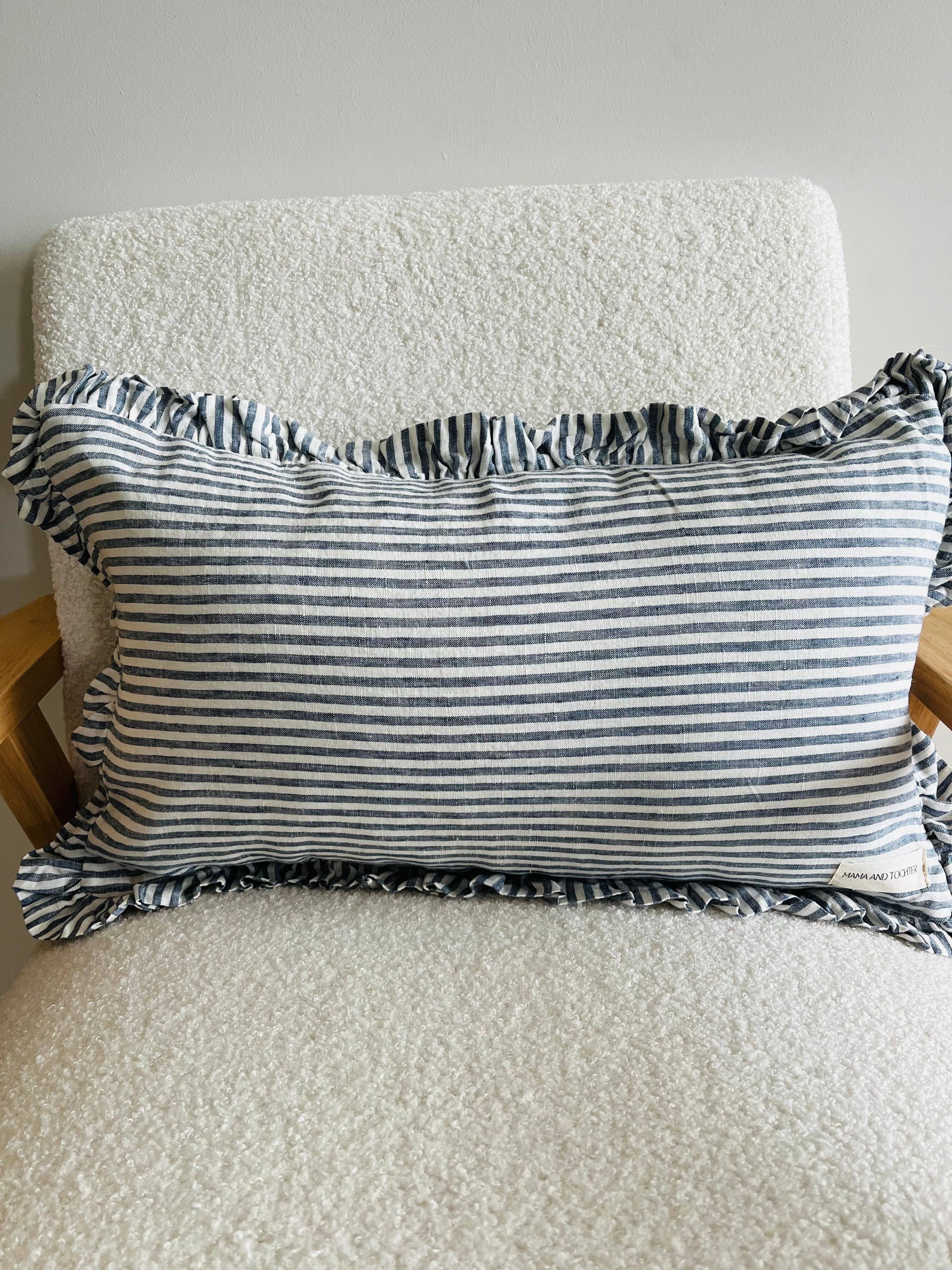 Mama and Tochter Pure French Linen Ruffle Lumbar - Marine Pinstripes