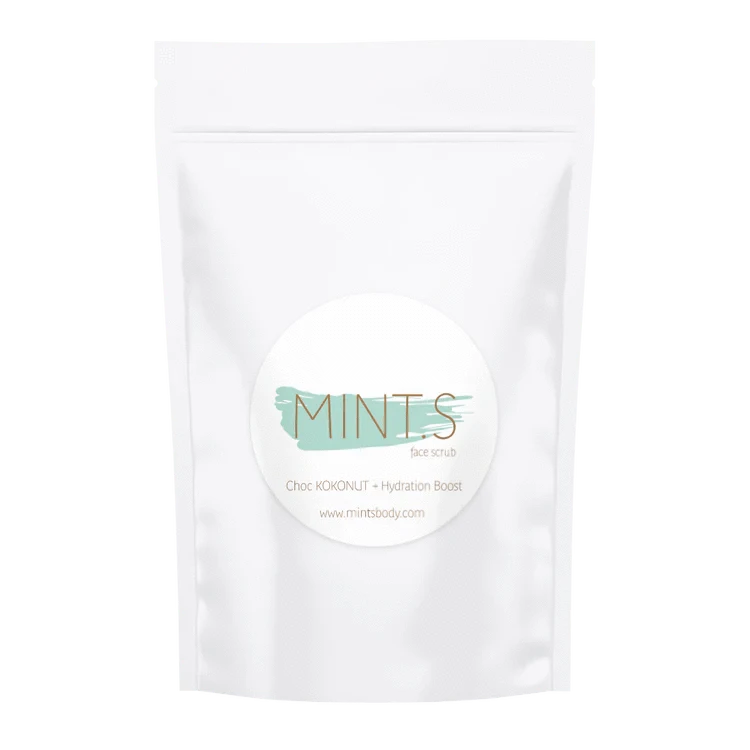 Mint.s Face Scrub Choc KOKONUT + Hydration Boost packaging for gentle exfoliation and radiance.