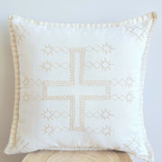 Boho Cross Cushion Natural with stitched cross pattern on a white cotton base, perfect for neutral home decor.