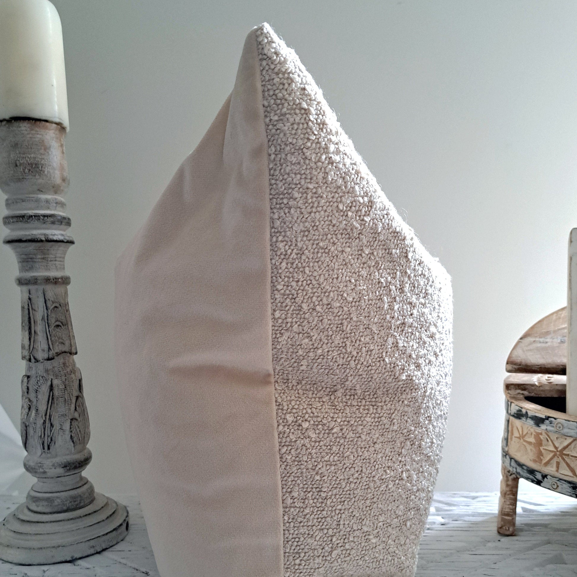 Boucle Cushion Cover Sepia side view showcasing soft textured fabric and elegant design in home decor.