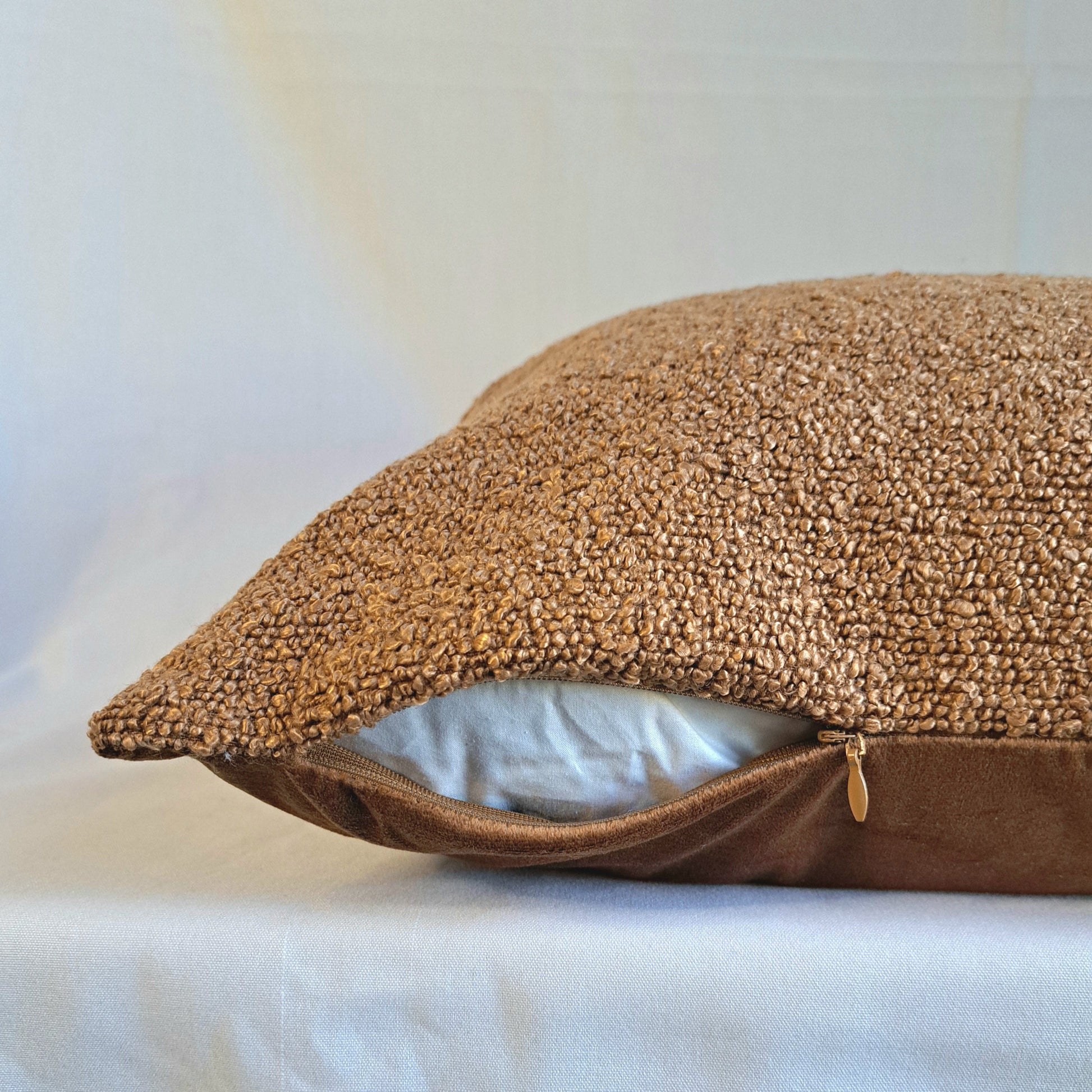 Boucle Cushion Cover Toffee showcasing soft textured fabric in warm toffee color for stylish home decor.