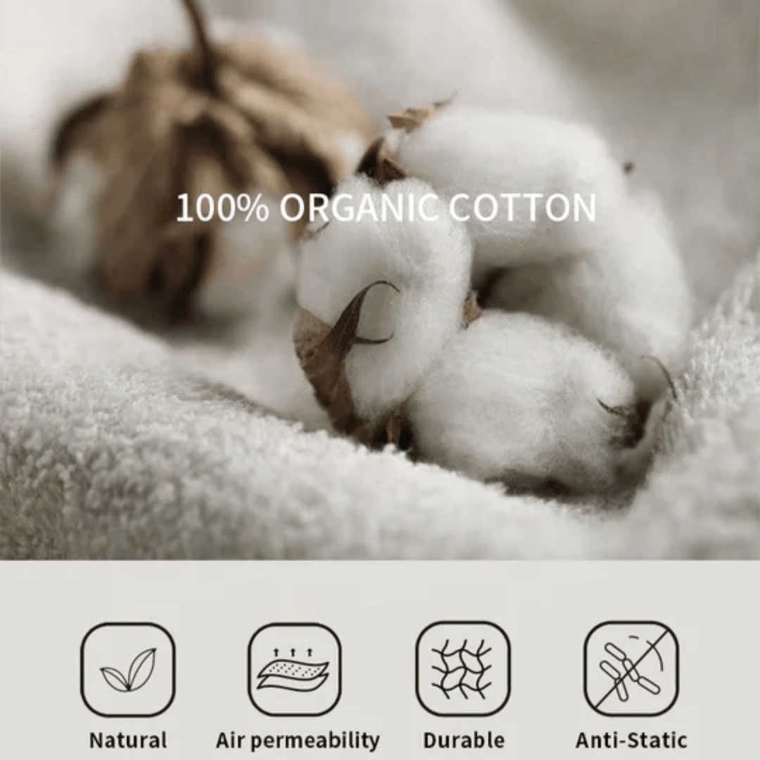 Corduroy Cushion Cover Latte Close-up of fluffy cotton fiber labeled '100% ORGANIC COTTON' with features like natural, durable, and air permeability.