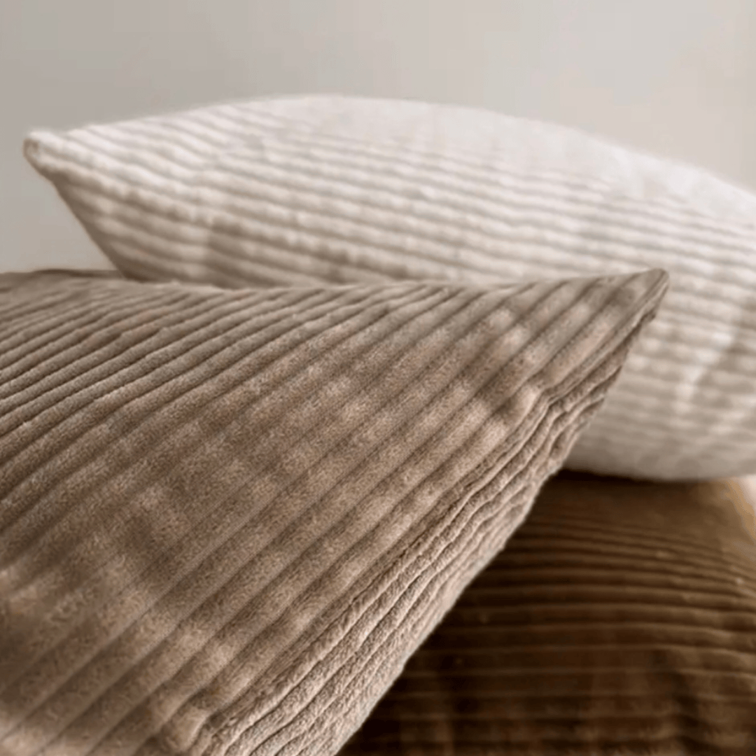 Corduroy Cushion Cover Latte in warm tones stacked for cozy home decor.