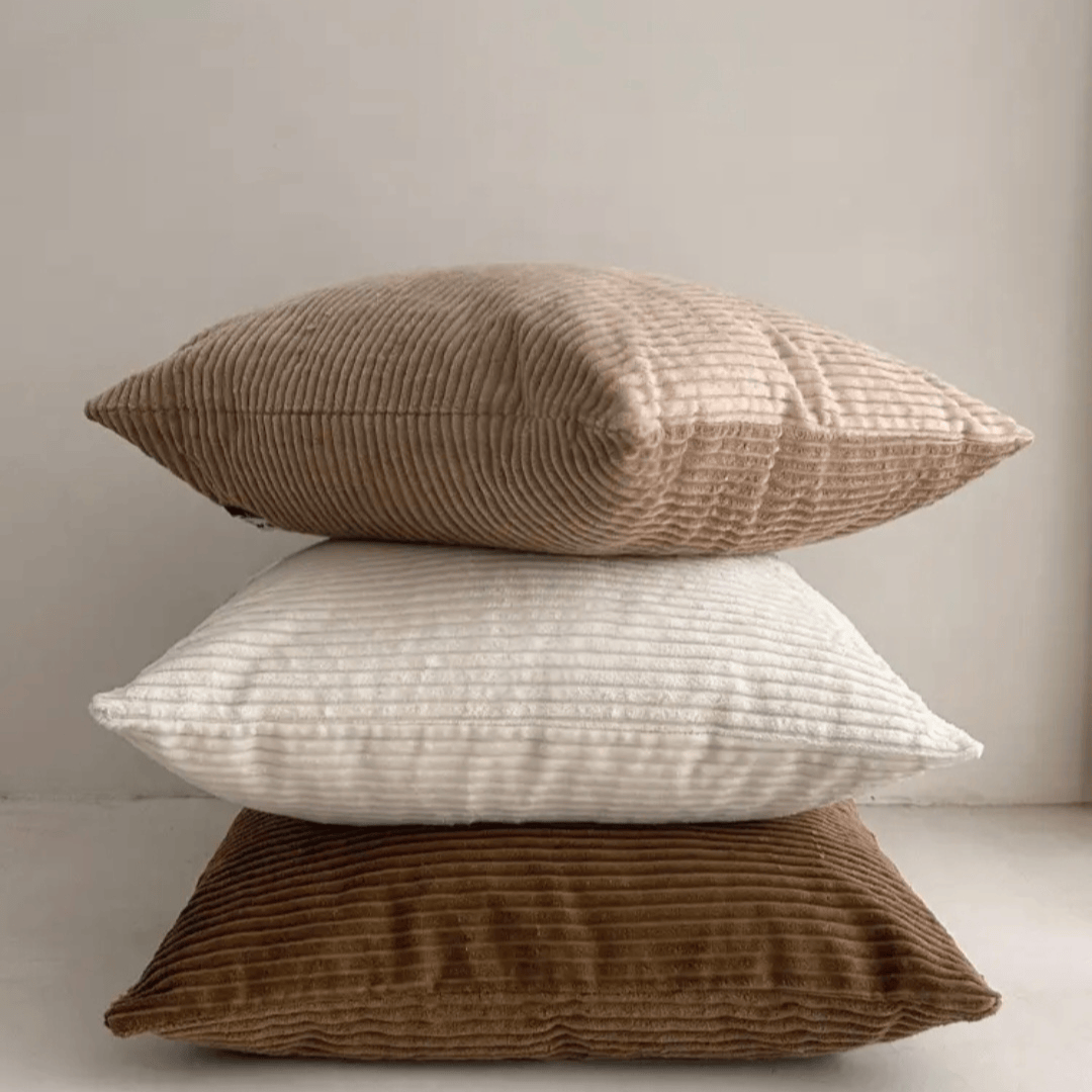 Corduroy Cushion Cover Truffle collection showcasing soft textured pillows in earthy tones.