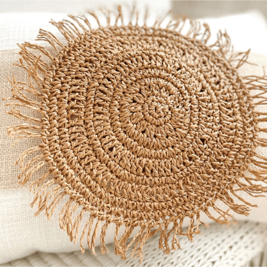 Solara Sun Cushion Disk in rich caramel hue, a handcrafted boho decor accent for stylish interiors.