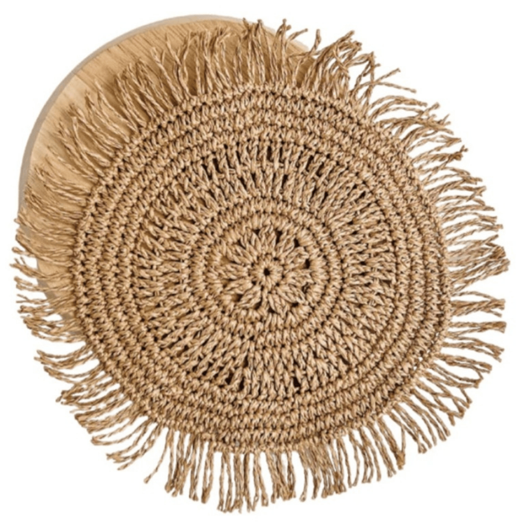 Solara Sun Cushion Disk handcrafted round boho decor accent in caramel hue with fringe detailing