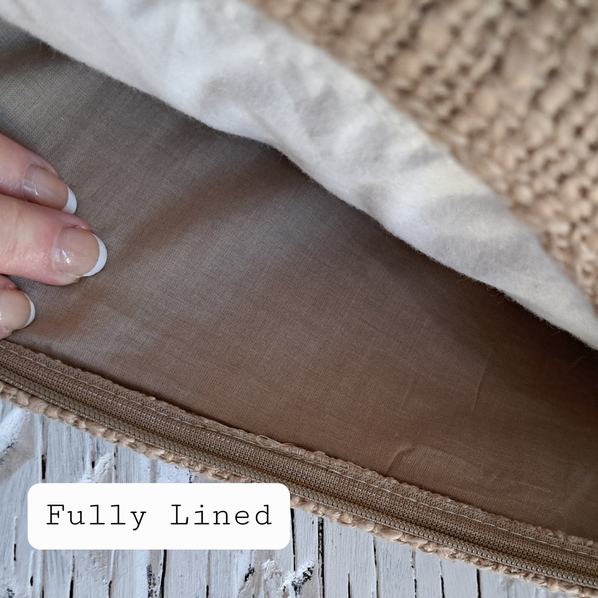 Base Cushion Biscuit fully lined cushion cover with cotton slub and voile lining for comfort.